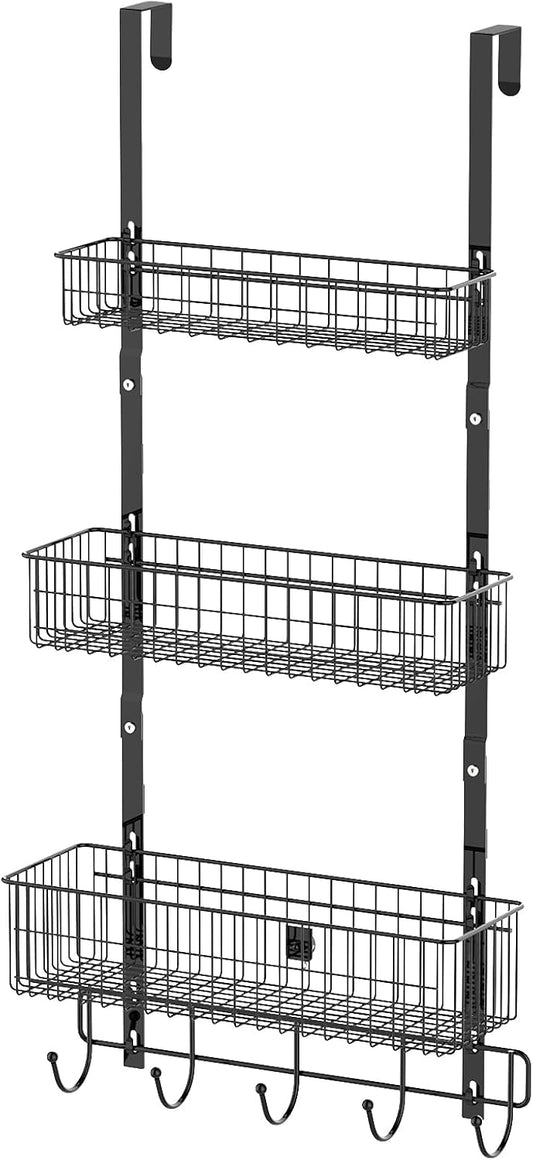 Black Over The Door Organizer Over The Door Hooks with Basket Storage Door Towel Racks for Bathroom Door Storage Rack with 5 Hooks 3-Tier Door Hanger Basket for Kitchen