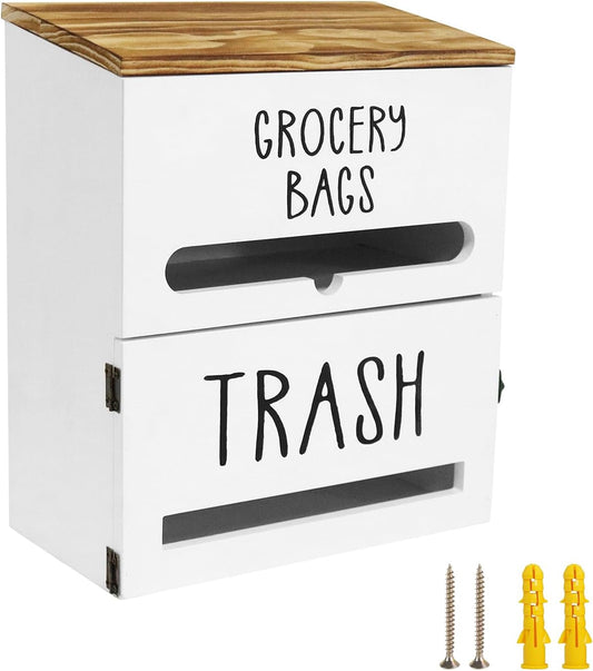 2 in 1 Trash Bag Dispenser, Double Wall Mounted,Wood Trash Bag Holder, used in kitchen, garage