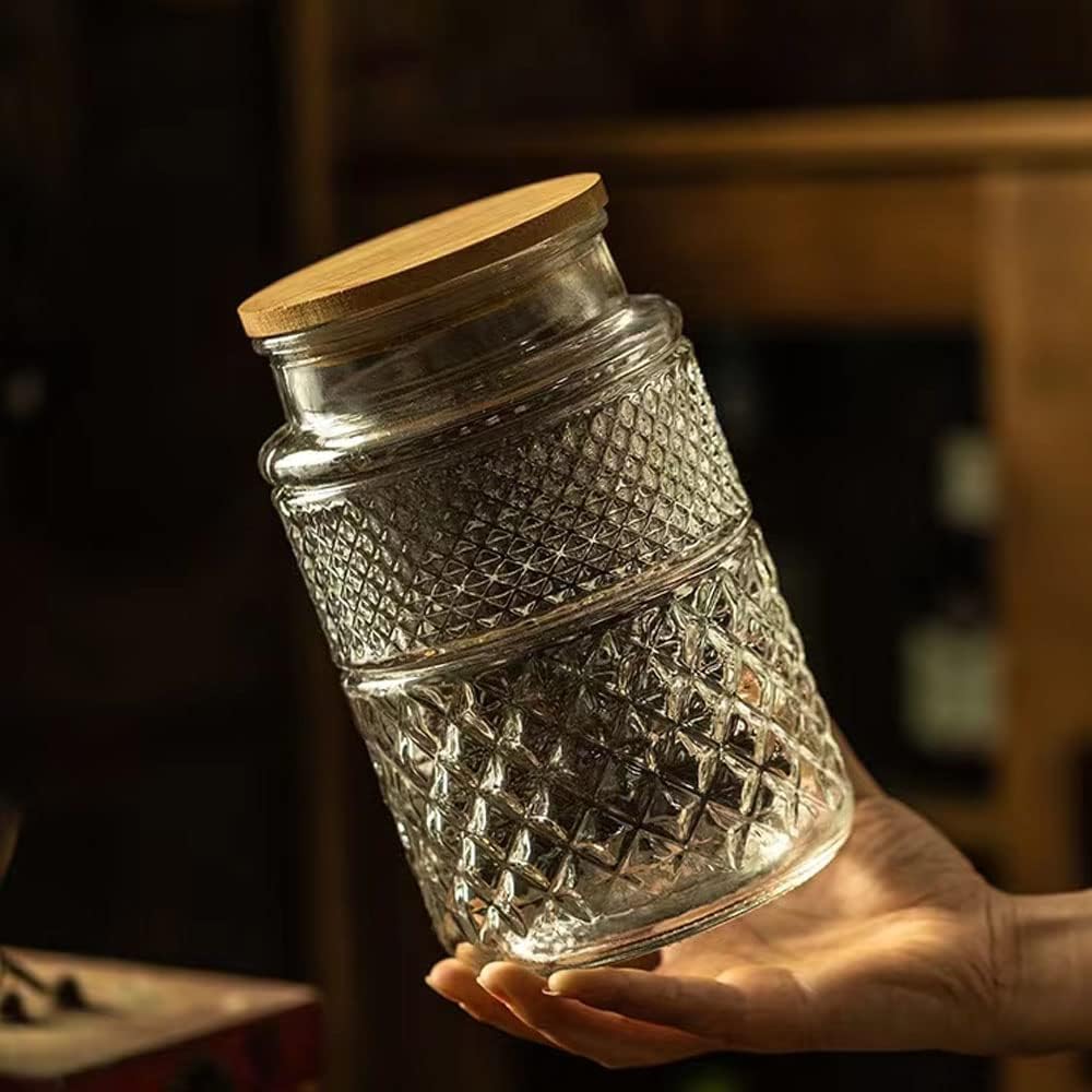 Glass Storage Jars Vintage Embossed Canisters Food Cereal Storage Containers with Bamboo Lid