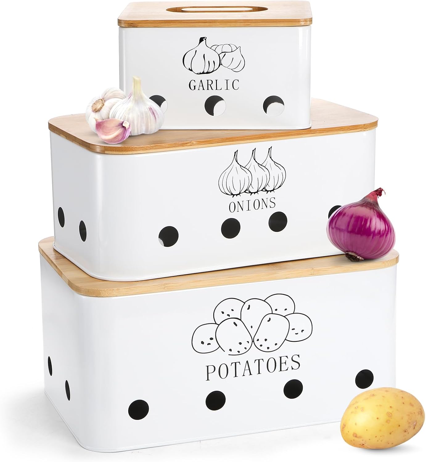 3 Pack Potato Onion Garlic Storage Set, Iron Vegetable Storage Bins with Holes Bamboo Lids