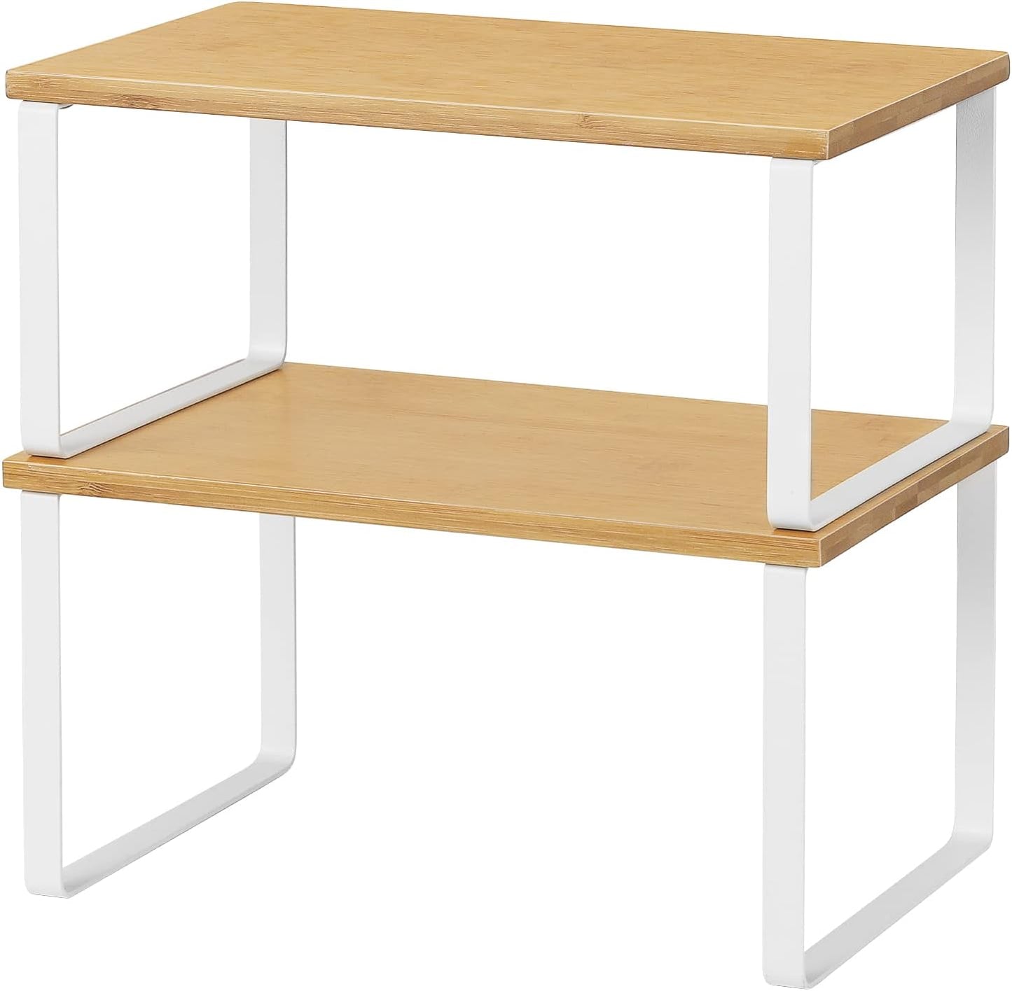 Kitchen Cabinet and Counter Shelf Organizer, Stackable & Expandable, White and Natural