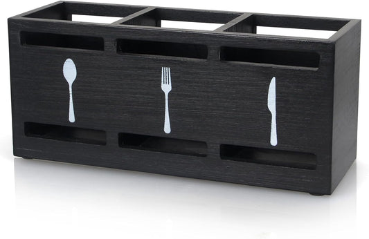 Wooden Silverware Caddy Flatware Cutlery Holder Wood Silverware Organizer Containers Small Black Kitchen Utensil Holder for Countertop Spoon and Fork Holder Flatware Utensils Caddy for Party