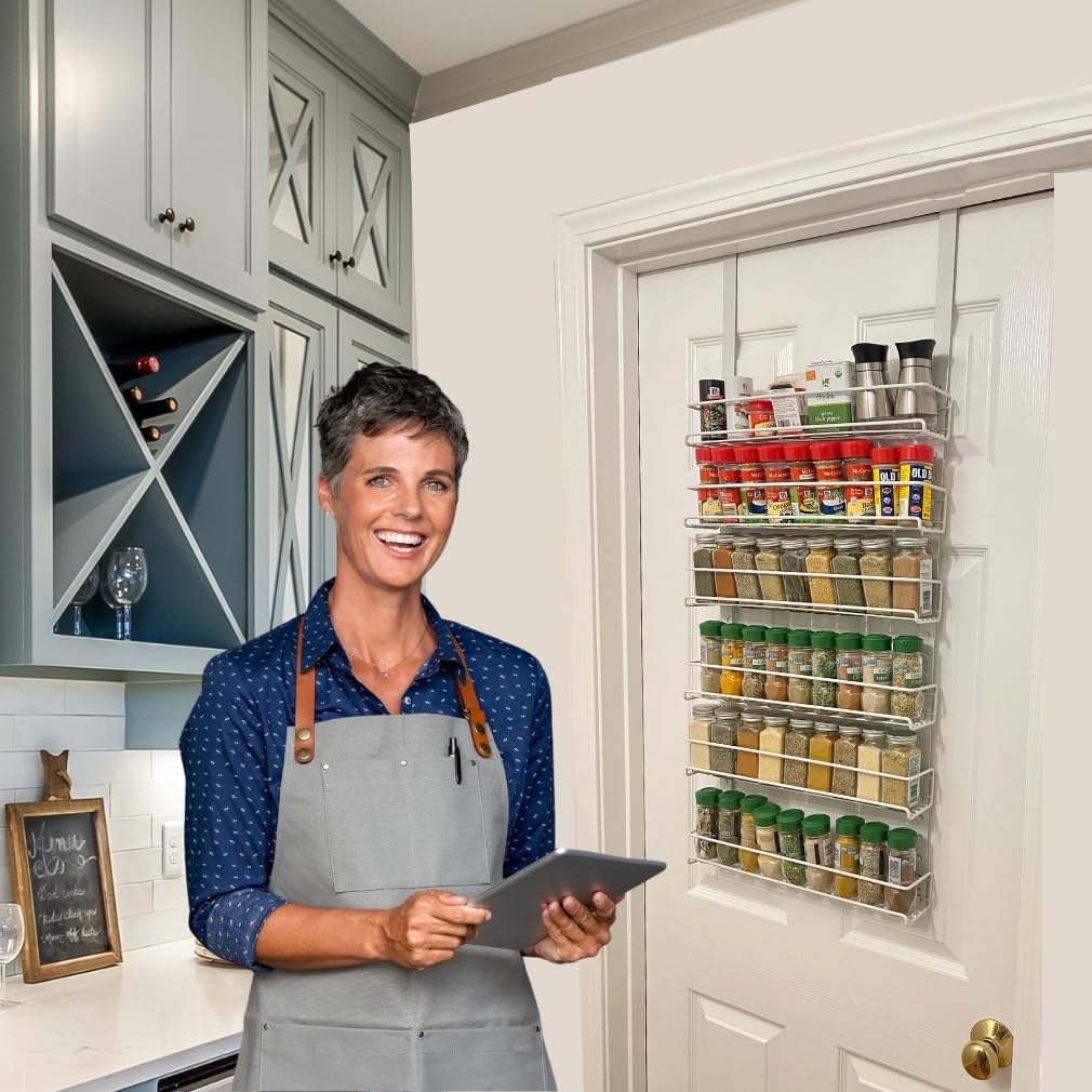 Over the Door Pantry Spice Rack Organizer -6 Tier -Holds up to 54 Spices- Adjustable Metal Baskets for Kitchen, Bathroom Storage & Organization (White) No Tool Easy Install