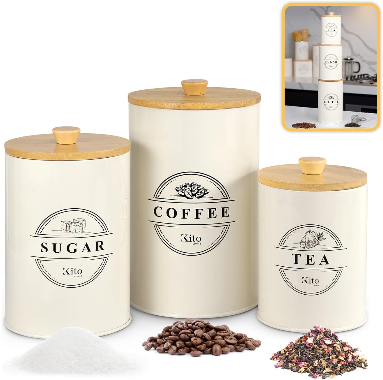 Canisters Sets for Kitchen Counter Storage and Organization with Wooden Bamboo Lids