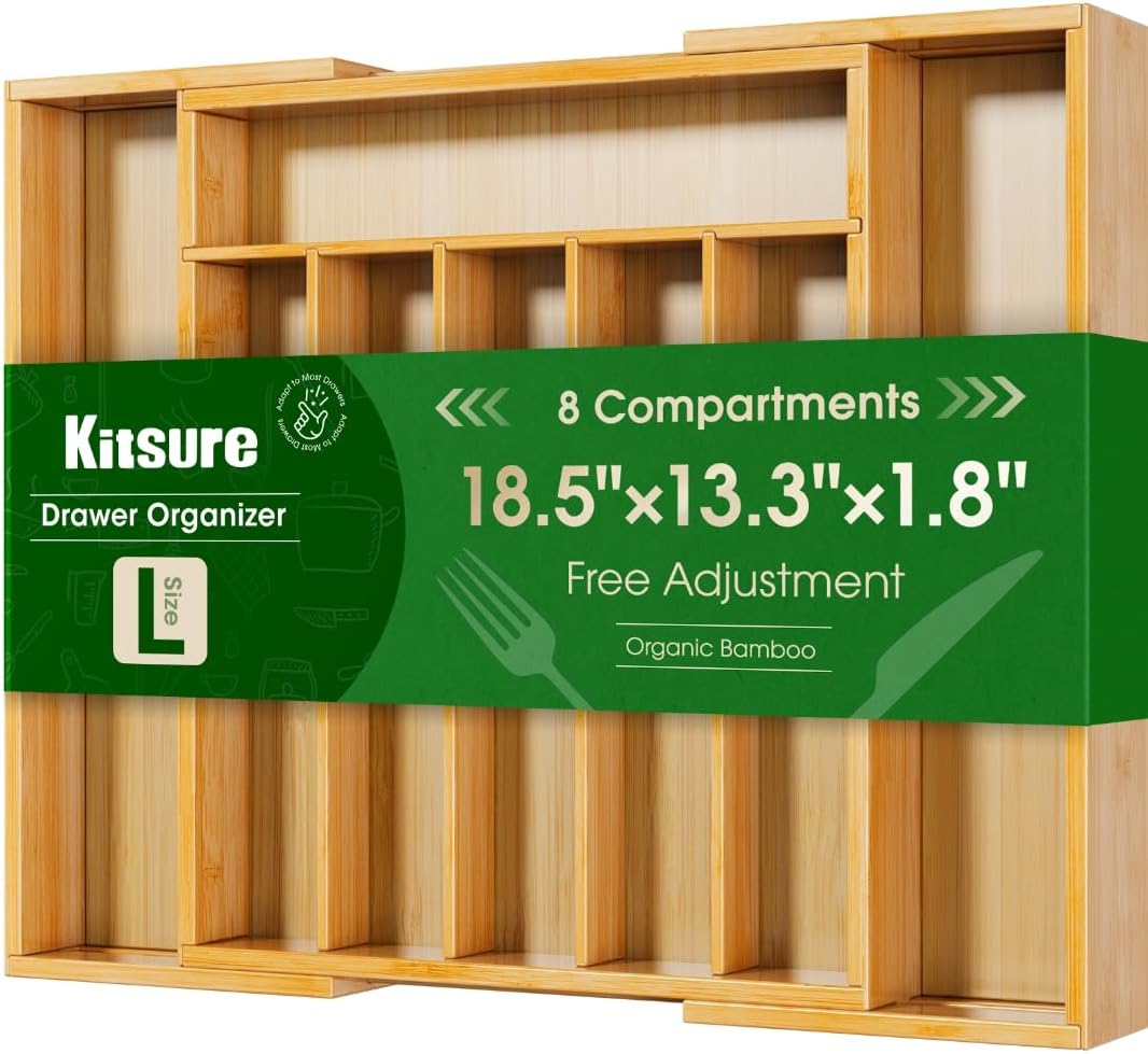 Silverware Organizer - Expandable Bamboo Kitchen Drawer Organizer for Cooking Utensils and Cutlery