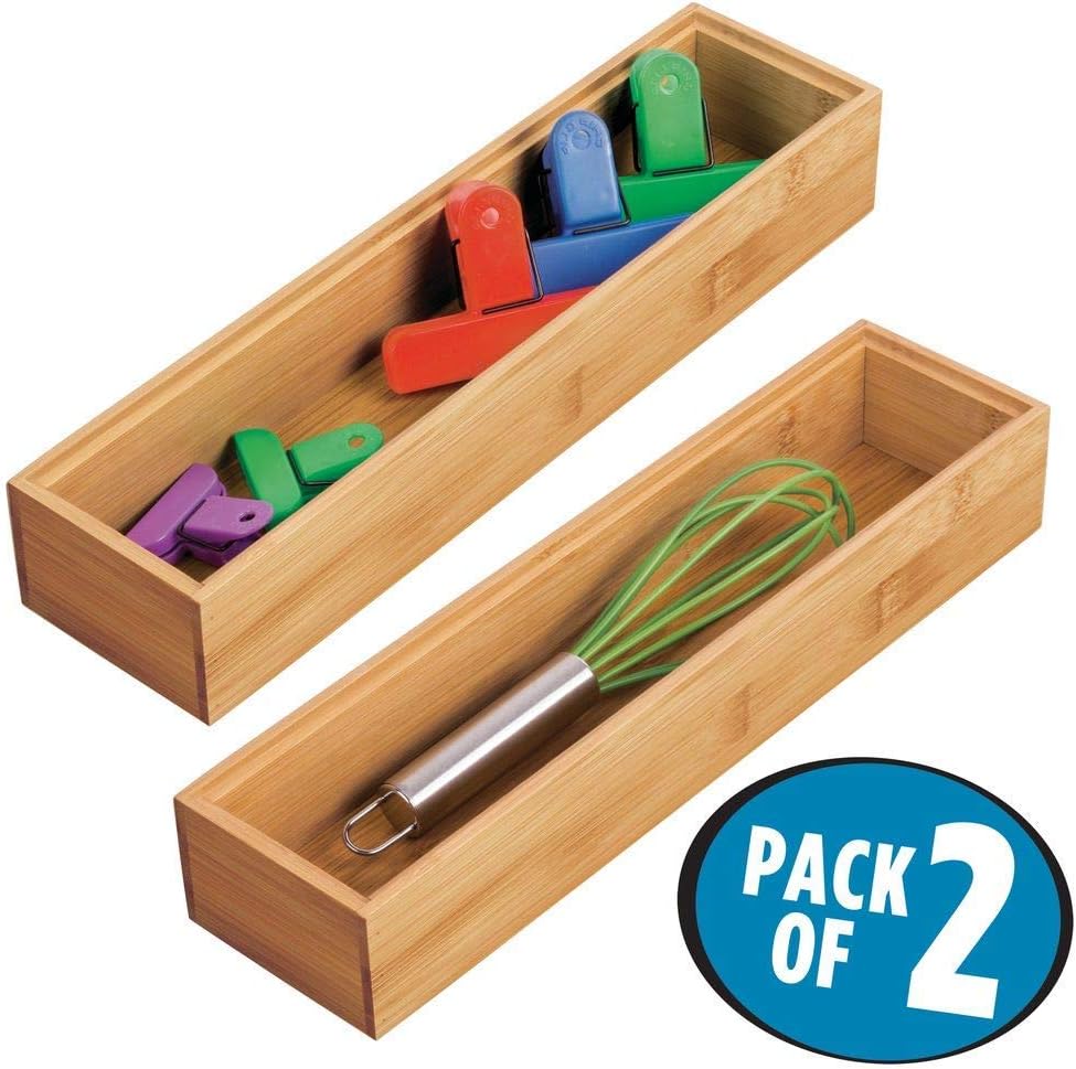 Slim Wooden Bamboo Drawer Organizer - 12" Long Stackable Storage Box Tray for Kitchen Drawers/Cabinet - Utensil, Silverware, Spatula, Flatware Holder - Echo Collection, 2 Pack, Natural Wood