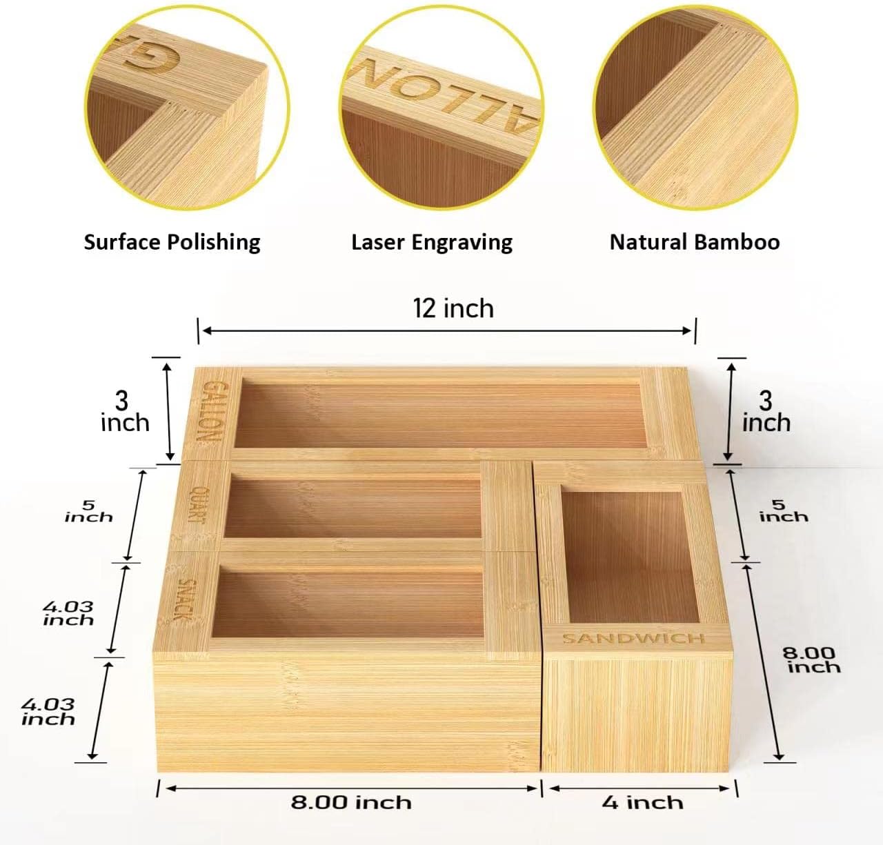 4-Size Bamboo Drawer Organizer for Food Storage Bags | Stackable Kitchen Organizer (Gallon/Quart/Sandwich/Snack) - Handcrafted with Natural Material