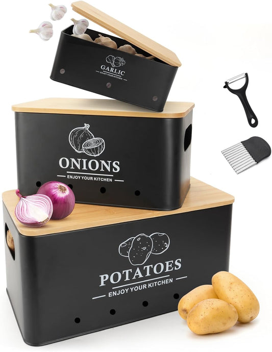 Kitchen Vegetable Storage Set of 3, Metal Onion Garlic Potato Storage Set