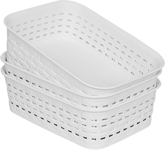 Plastic Storage Baskets for Cabinets, Household Pantry Organization with Handle,Organizer Bins for Room,Bathrooms,Under-Sink,Kitchen (White, XS-3PACK)