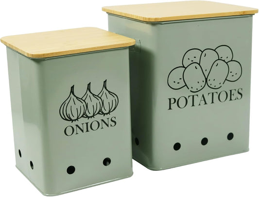 Kitchen Vegetable Storage Tins Set of 2 for Potatoes, Onion, with wooden lid Garlic Bin Caddy