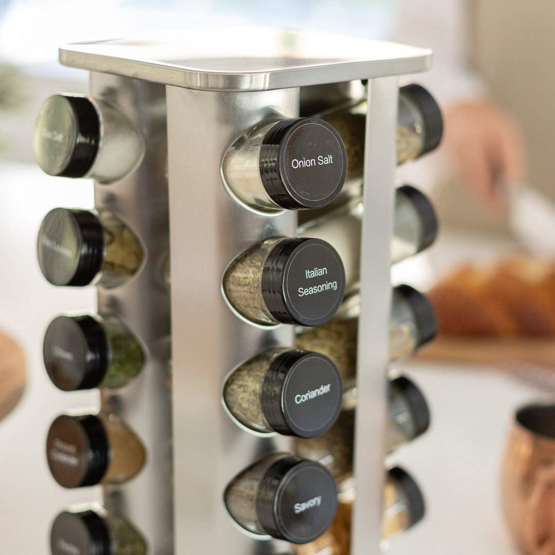 20 Jar Rotating Spice Rack with Spices Included & 5-Year Free Spice Refill Program – Stainless Steel Countertop Spice Rack with 3 oz Glass Jars