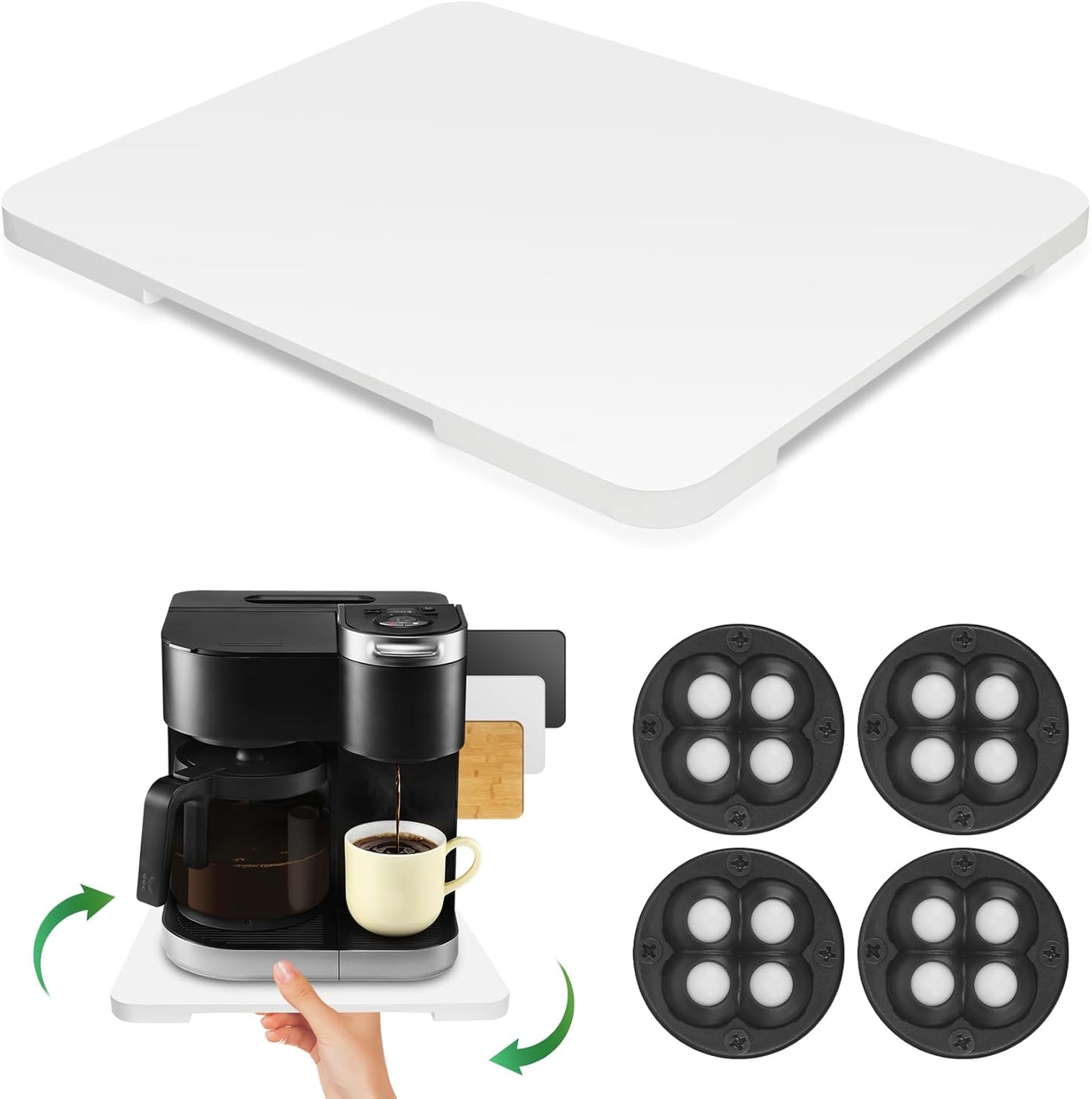 360° Rolling Tray Bamboo Appliance Slider for Kitchen Appliances, Coffee Maker Mat Tray for Countertops Sliding Tray for Coffee Maker Appliances Mat Easily from Under The Cabinet White 11.6×13.9