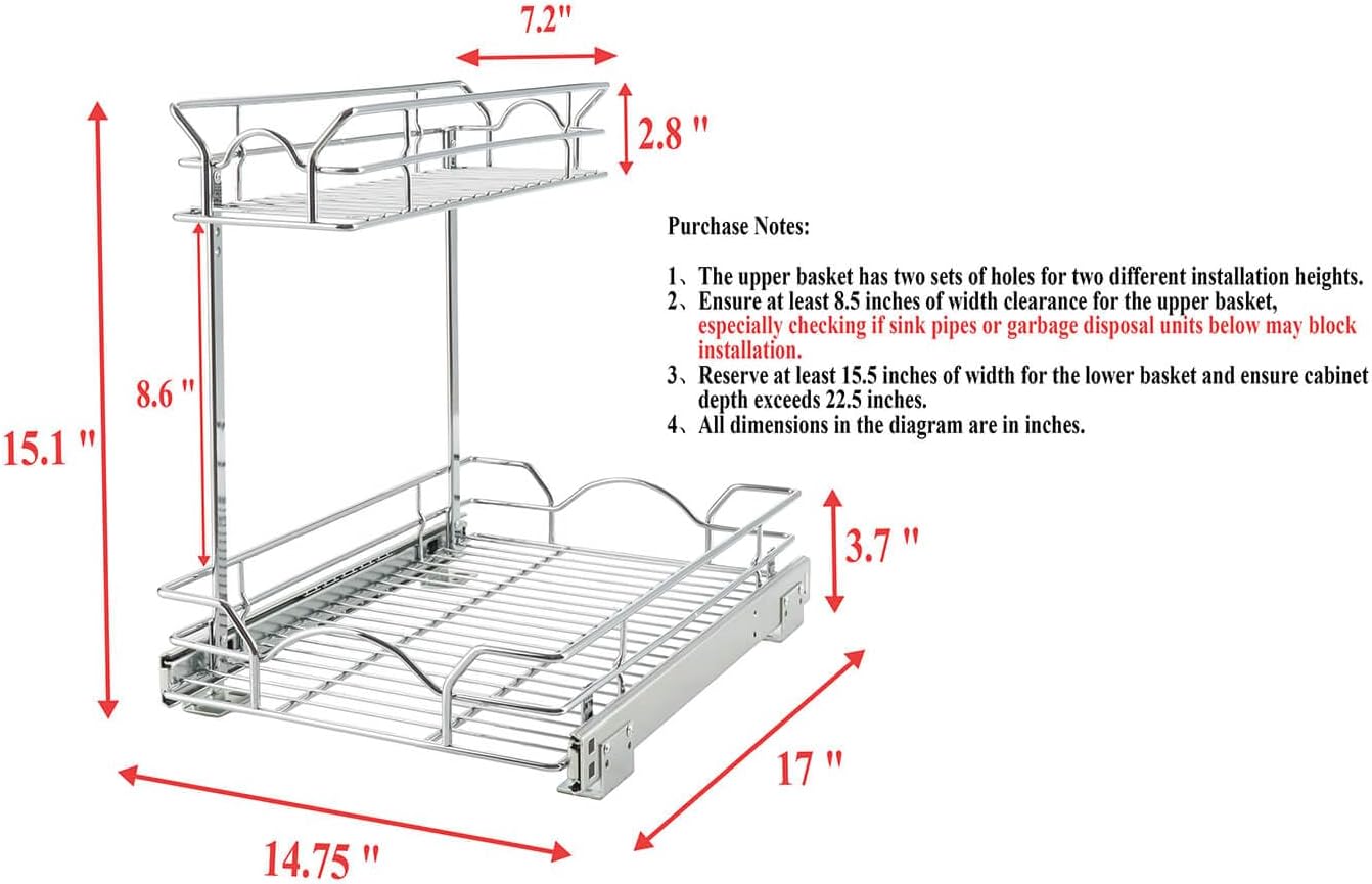 Under Sink Cabinet Organizer Two Tier Pull Out Shelf (14.75W x 21D)