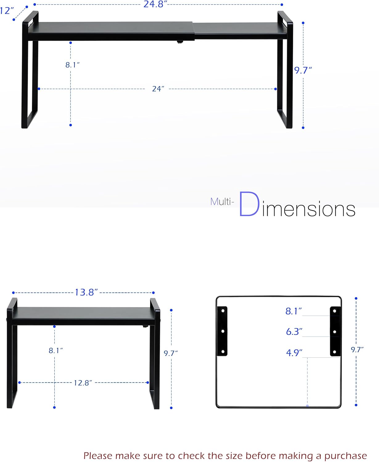 Cabinet Shelf Expandable Height Adjustable Shelf Organizer Riser for Kitchen Cabinet Pantry Cupboard Under Sink Countertop Organization Storage Space Saver Stackable Heavy Duty Metal Black XXL