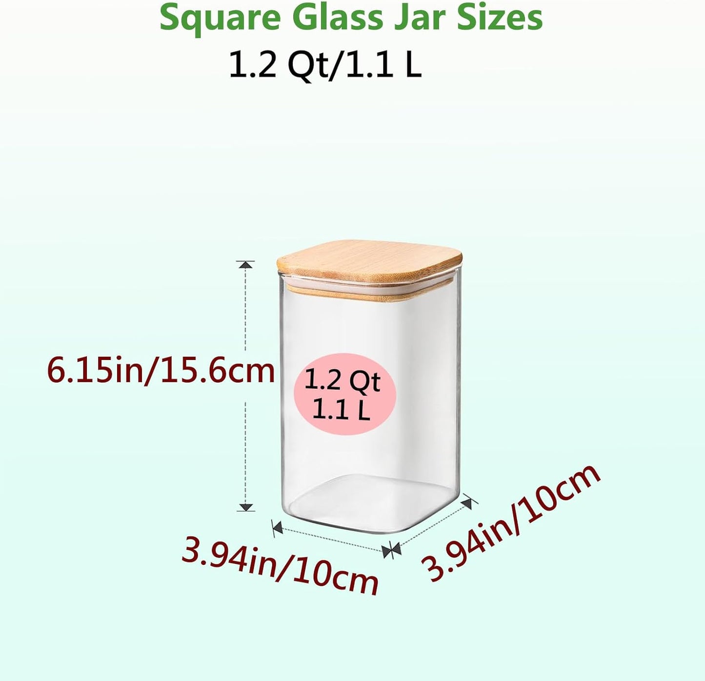1.2 Qt Square Glass Storage Containers with Lids, glass jar with airtight lid