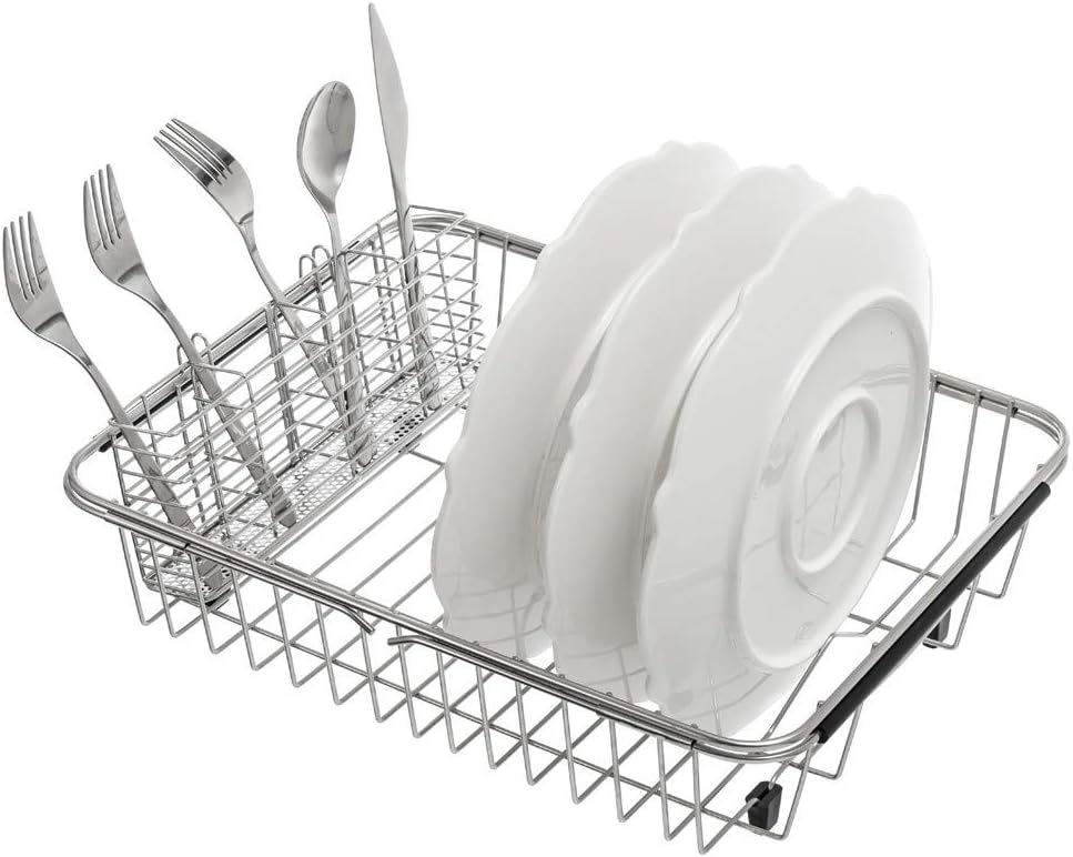 Expandable Dish Drying Rack,Large Dish Drainer Drainwith 4 Division Utensil Silverware Cutlery Holder, Expandable Dish Rack Shelf Dish Rack in Sink or Over Sink On Counter Stainless Steel