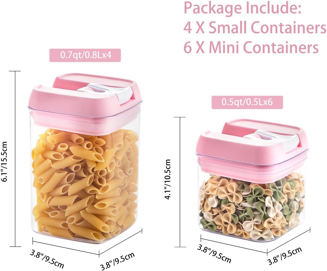 Airtight Food Storage Container Set-10 Piece BPA Free Clear Plastic Cereal Canisters with Easy Lock Lids-Kitchen & Pantry Organization Containers for Sugar, Flour, Cereal, Labels & Marker(Pink)