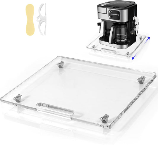 Acrylic Appliance Slider with Rubber Wheels, Sliding Tray for Heavy Kitchen Appliances, Coffee Maker Slider Tray for Counter, Countertop Moving Tray Accessories for Kitchen - 13" x 14" (Clear)