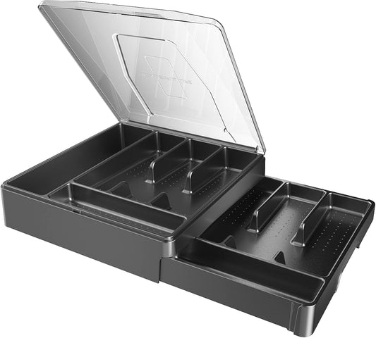 Double Layer Silverware Tray with Lid, Drawer Organizer for Utensil Tray