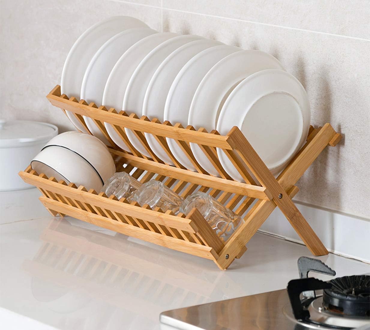 Collapsible Bamboo Dish Drying Rack - Plate Holder Dish Rack Cup Drying Strainer for Dish, Plate