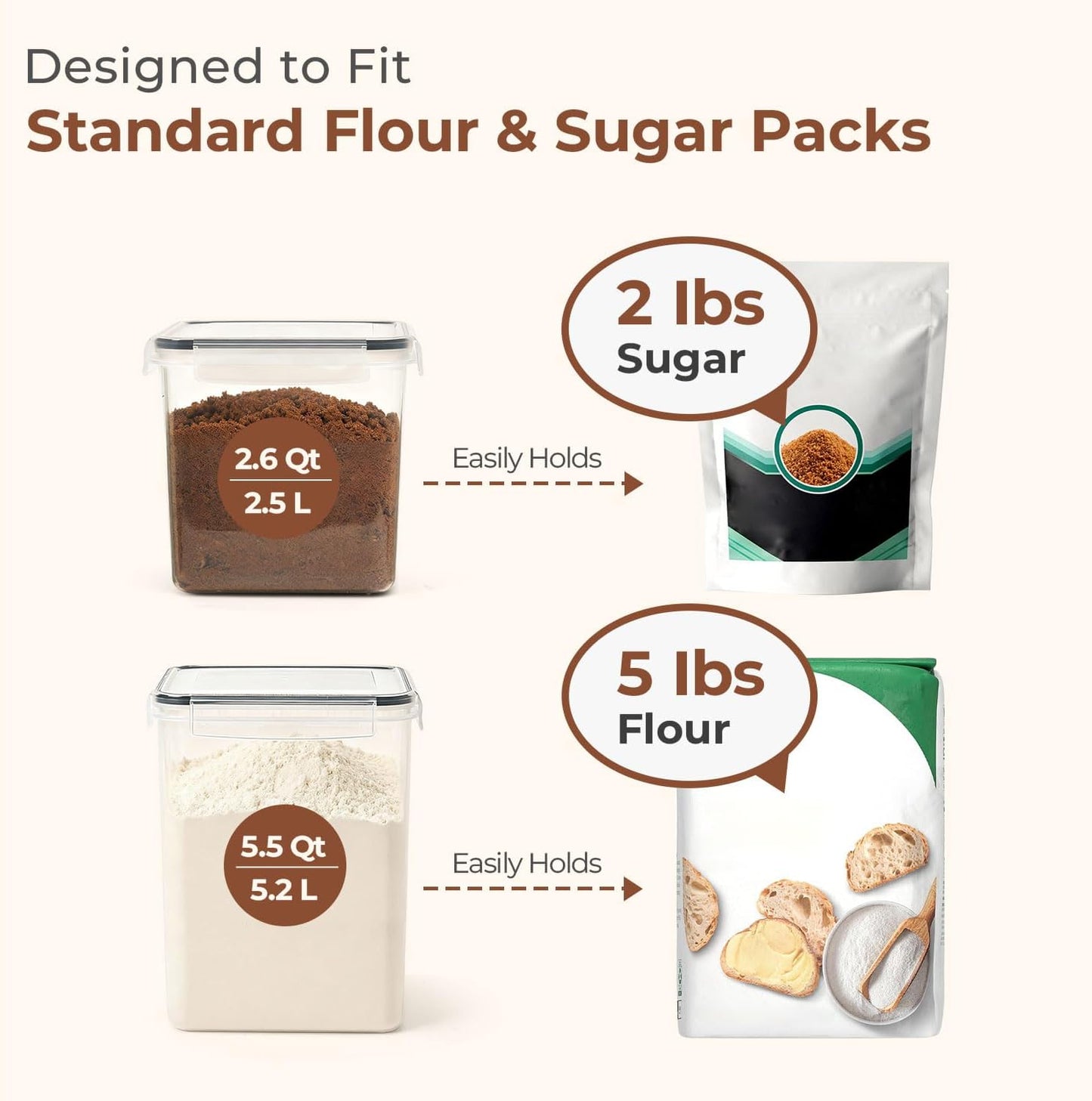 Flour Sugar Storage Containers Set of 3 (5.2L/5.5Qt) (2.5L/2.6Qt*2)