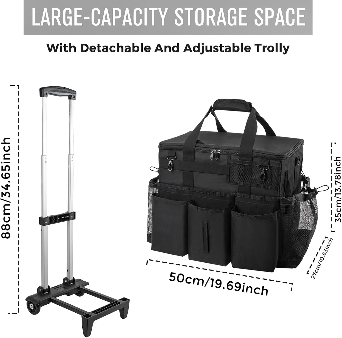 Rolling Cleaning Caddy Bag with Detachable Trolley, Large Cleaning Supplies Organizer with Wheels