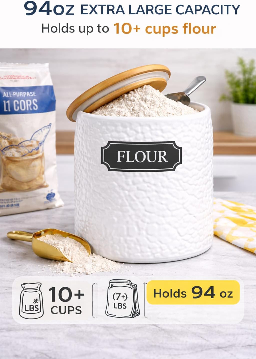 Ceramic Canister for the Kitchen (94oz/2779ml) – Airtight Kitchen Counter Storage with Bamboo Lids