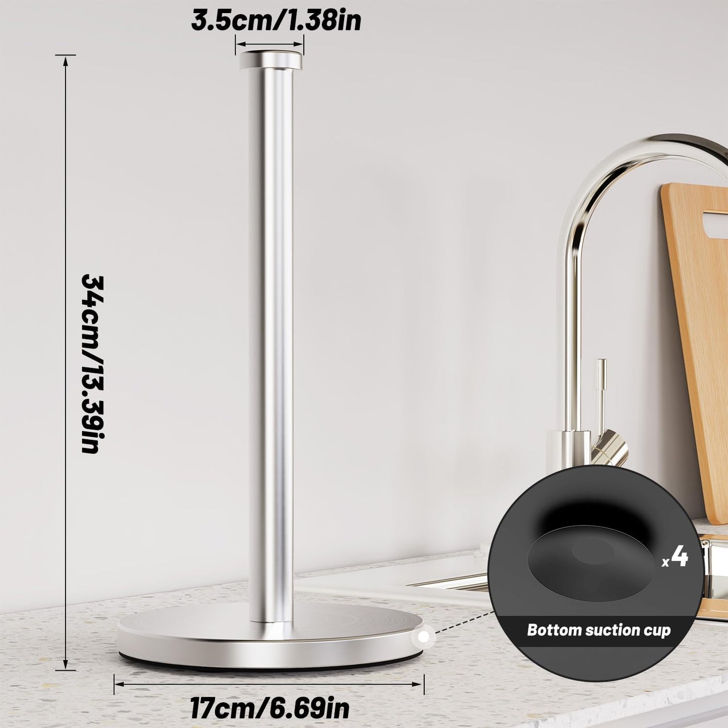 Paper Towel Holder Countertop, Stainless Steel Paper Towel Holder Stand with Weighted Base Suction Cups, Standing Paper Towel Roll Holder for Kitchen Bathroom (Silver)