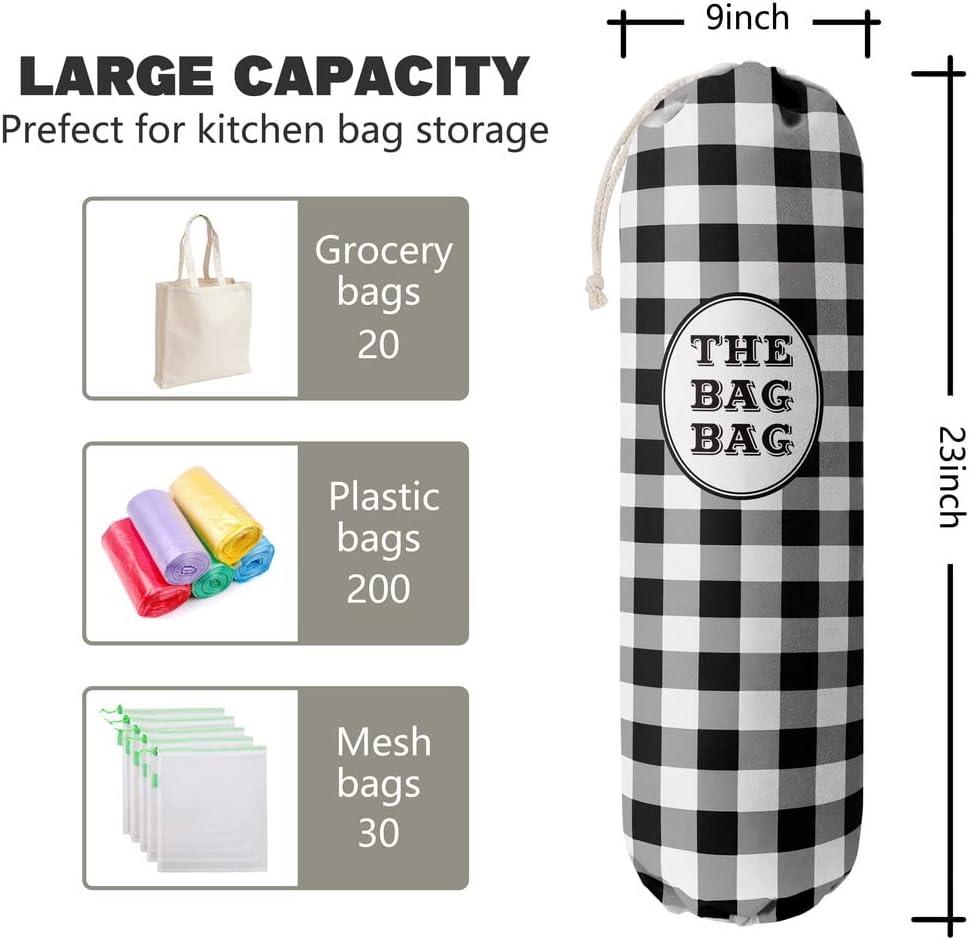 THE BAG BAG Plastic Bag Holder, Black and White Buffalo Check Plaid Grocery Bag Dispenser