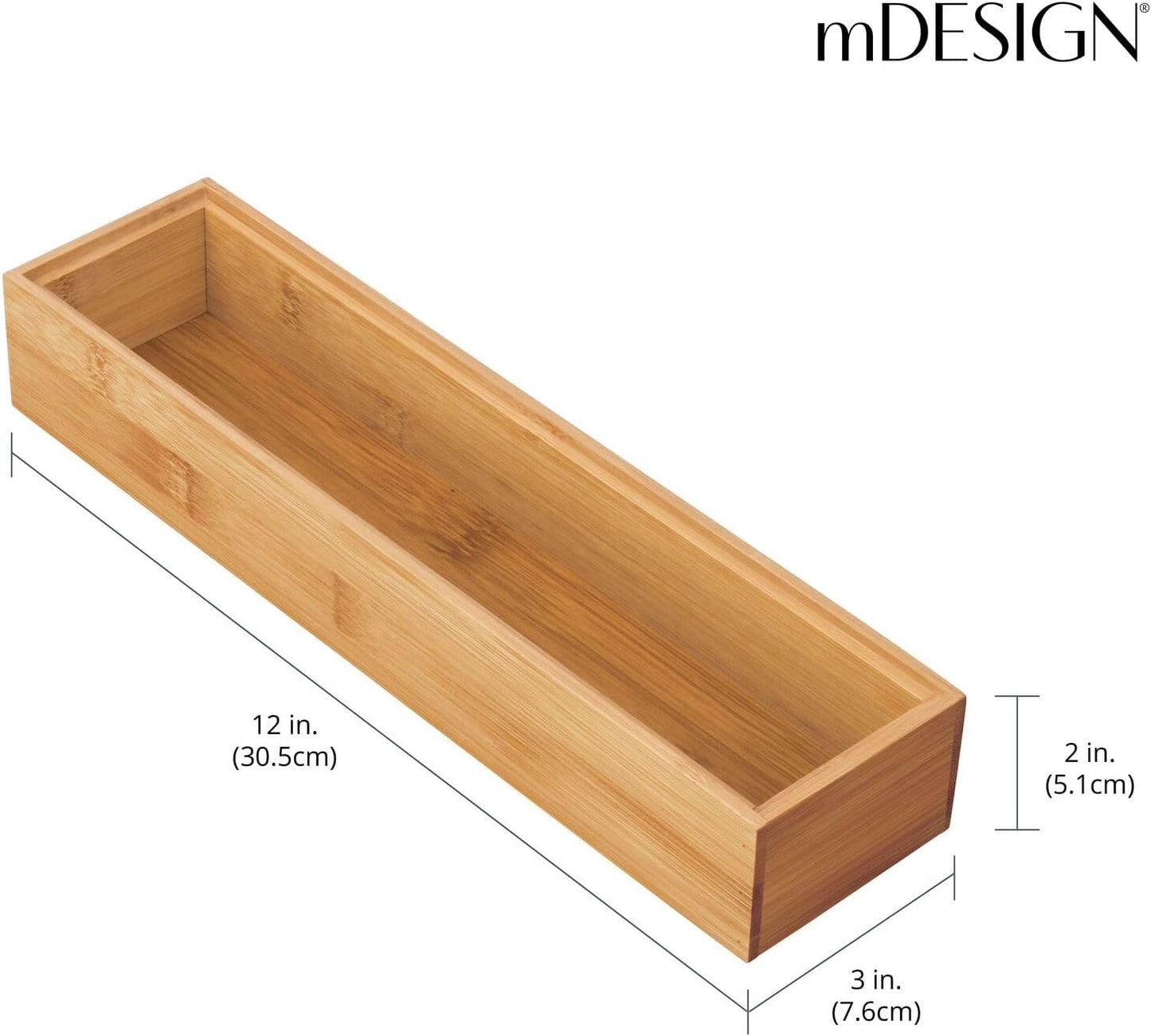 Slim Wooden Bamboo Drawer Organizer - 12" Long Stackable Storage Box Tray for Kitchen Drawers/Cabinet - Utensil, Silverware, Spatula, Flatware Holder - Echo Collection, 2 Pack, Natural Wood