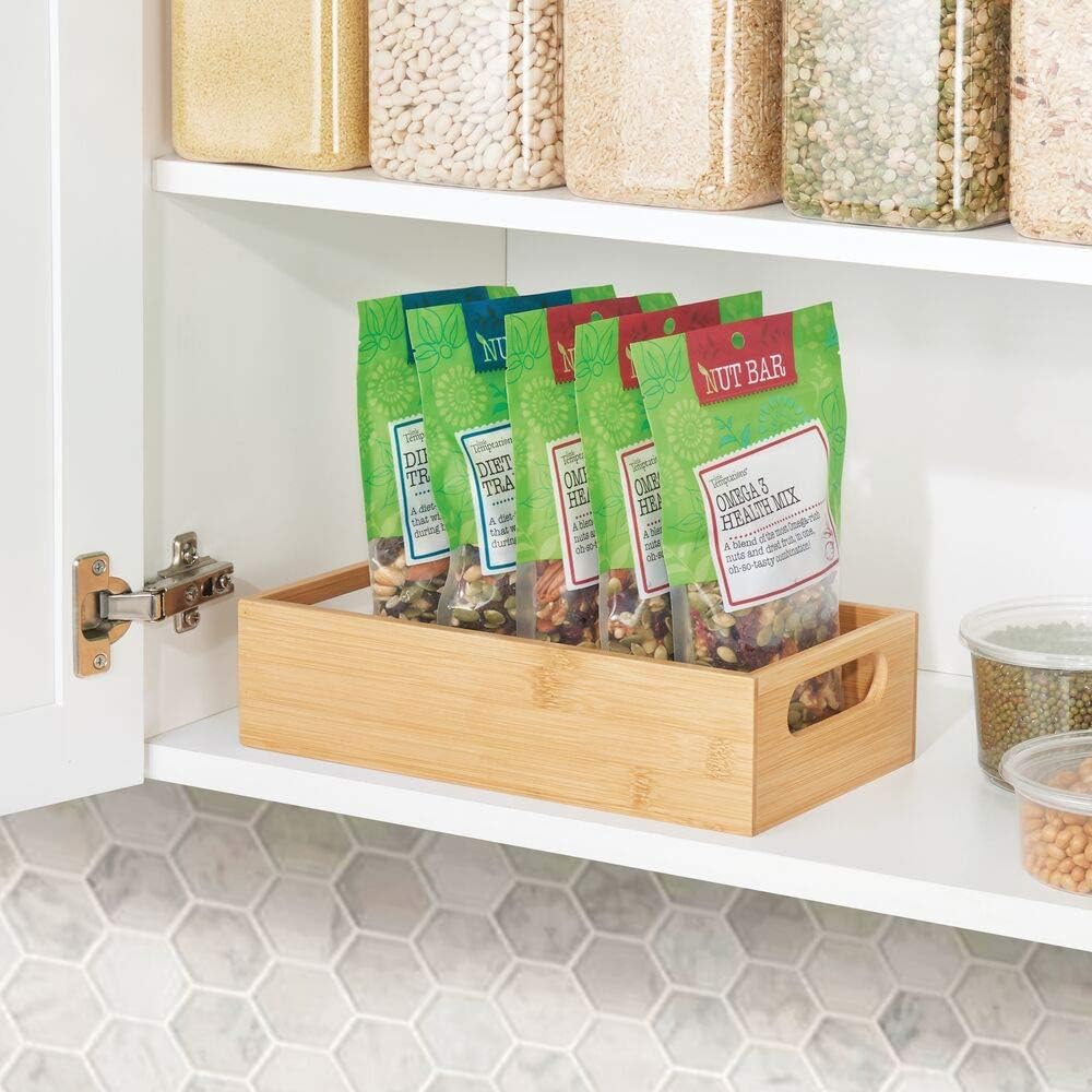 Bamboo Kitchen Storage Container Bin - Drawer Organizer Crate Box with Handles for Pantry Cabinet