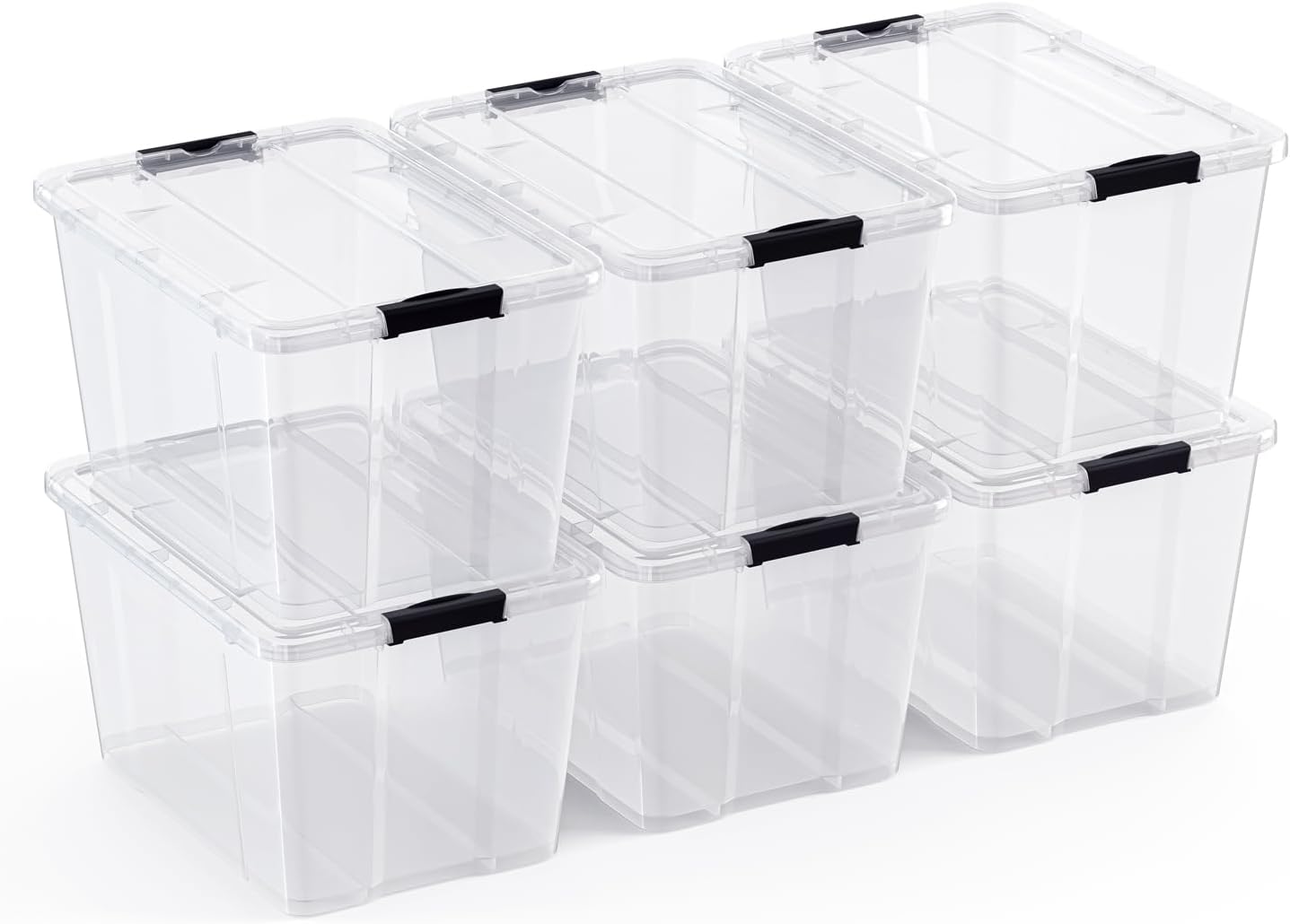 6 PACK 34 Qt. Plastic Storage Bin Tote Organizing Container with Ultra Durable Lid & Secure Latching Buckles Stackable Extra Strength Clear w/Black Handle