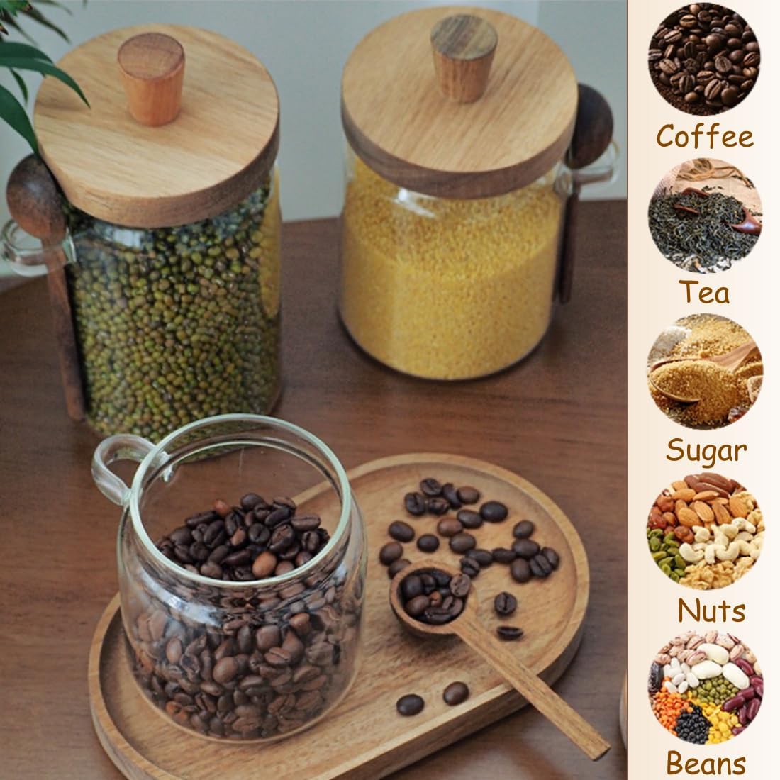 Set of 2 Glass Food Storage Jars with Bamboo Wood Lid and Spoon