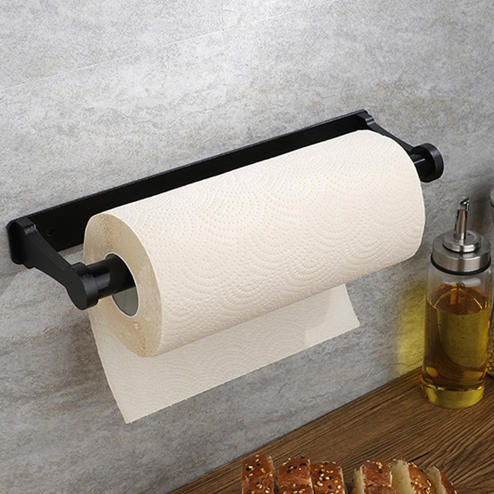 Paper Towel Holder - Self-Adhesive or Drilling, Black, Wall Mounted