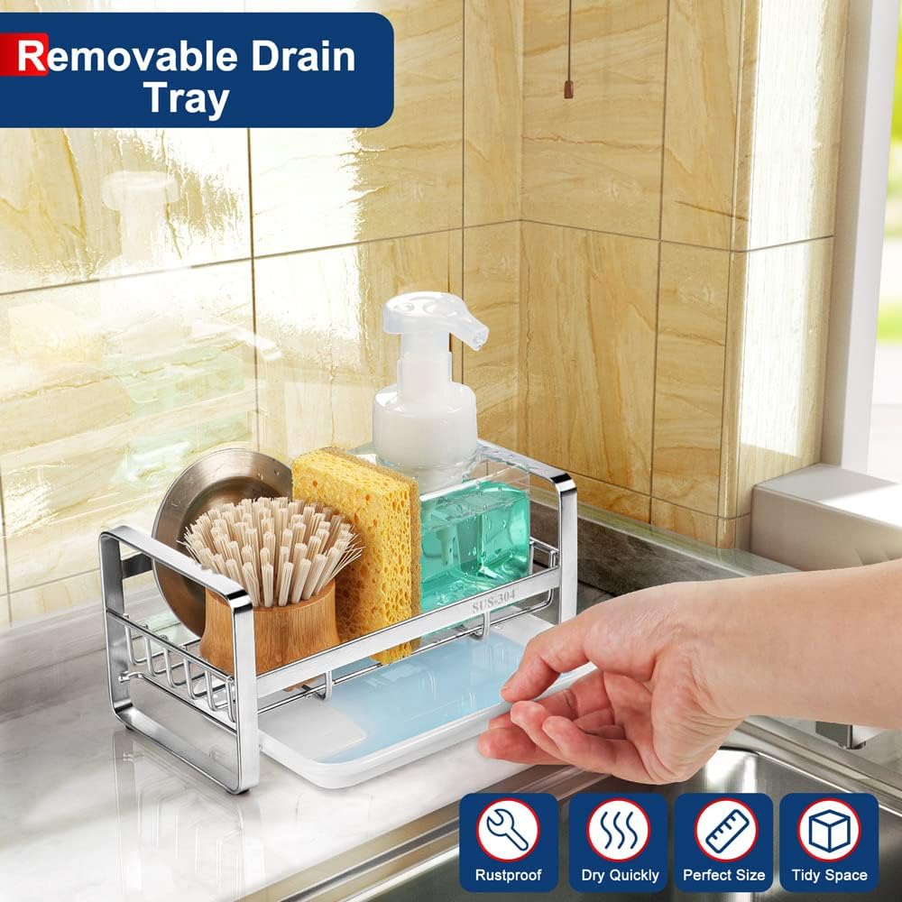 Kitchen Sink Sponge Holder, 304 Stainless Steel Kitchen Soap Dispenser Caddy Organizer