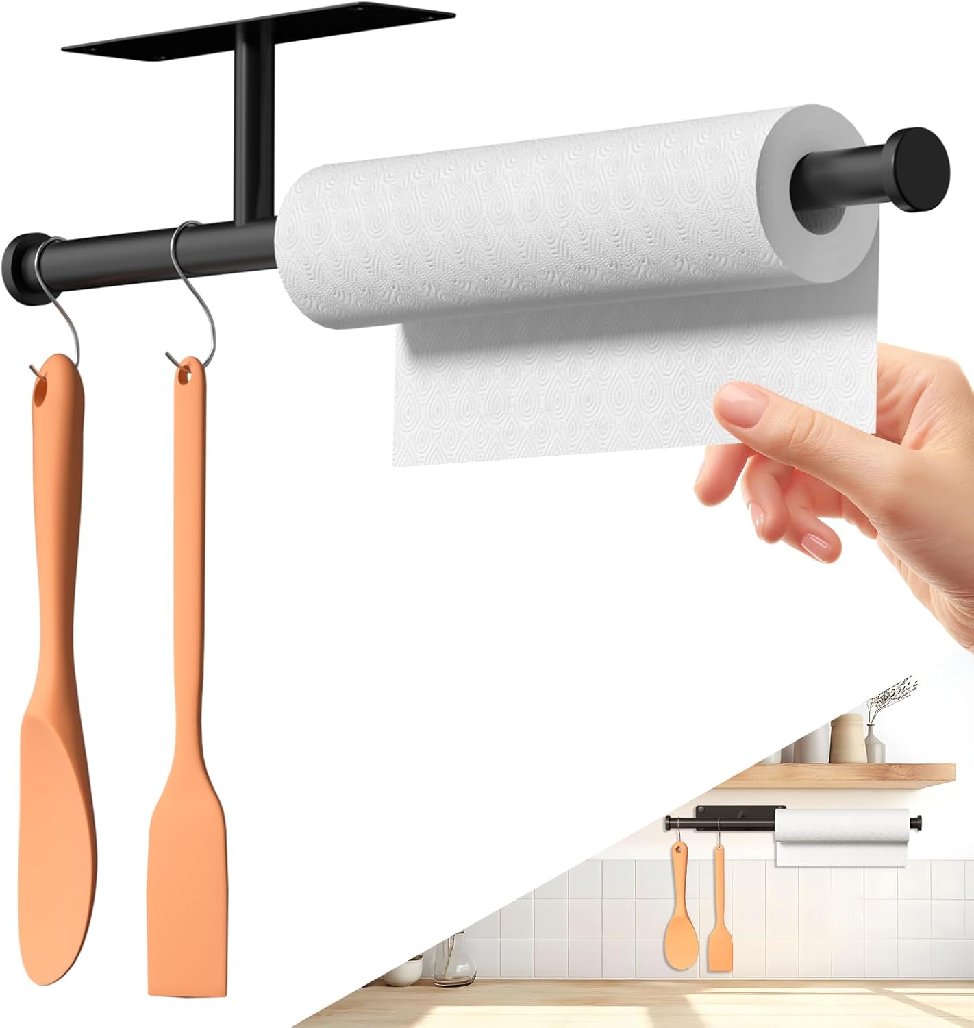 Dual-End Paper Towel Holder Under Cabinet | 4.7in Extended Arm & 5 S-Hooks, Adhesive/Screw Mount