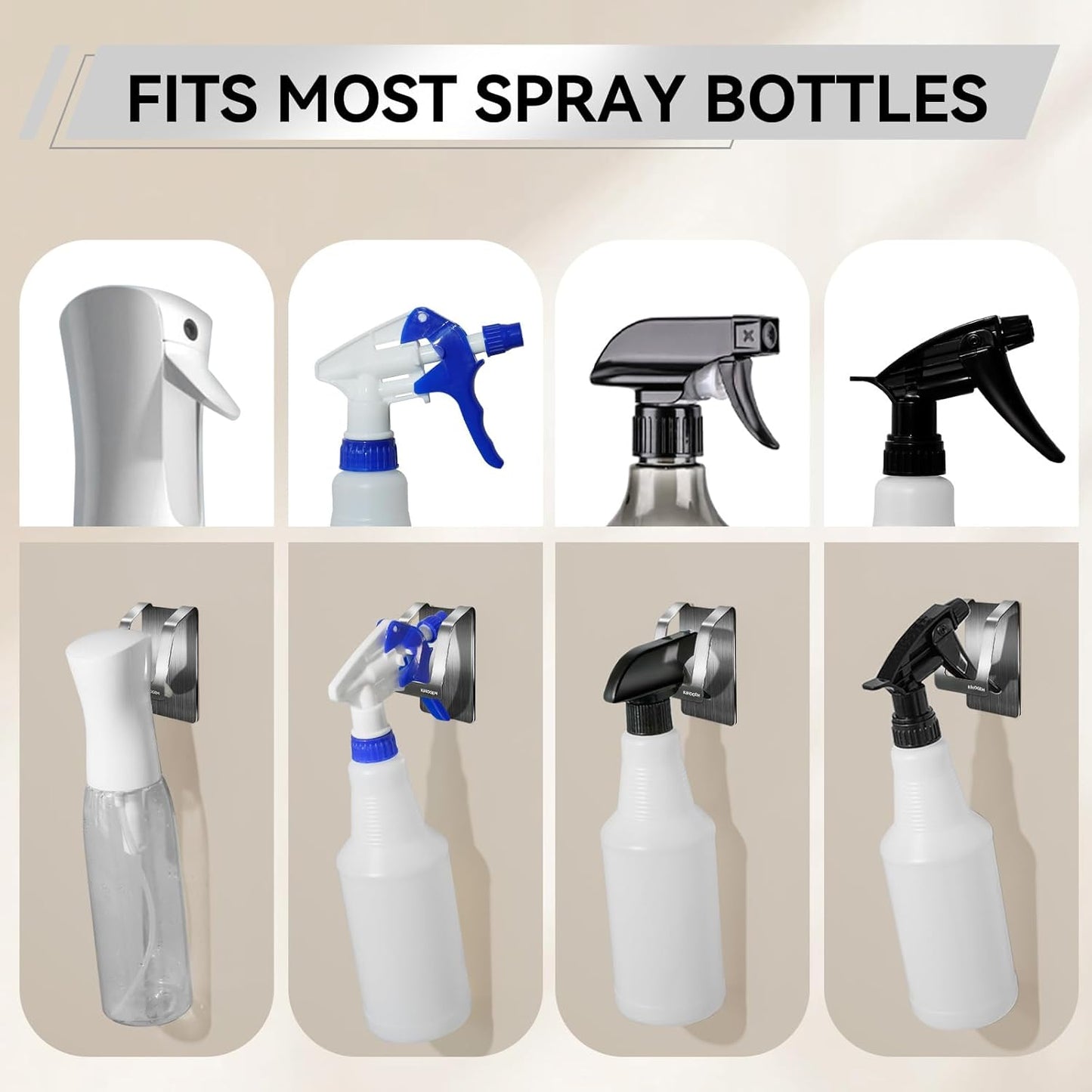 Spray Bottle Hanger, Adhesive Spray Bottle Hook Stainless Steel Spray Bottle Holder Wall Mount Non Drilling for Cabinet, Kitchen or Under Sink (4pcs)