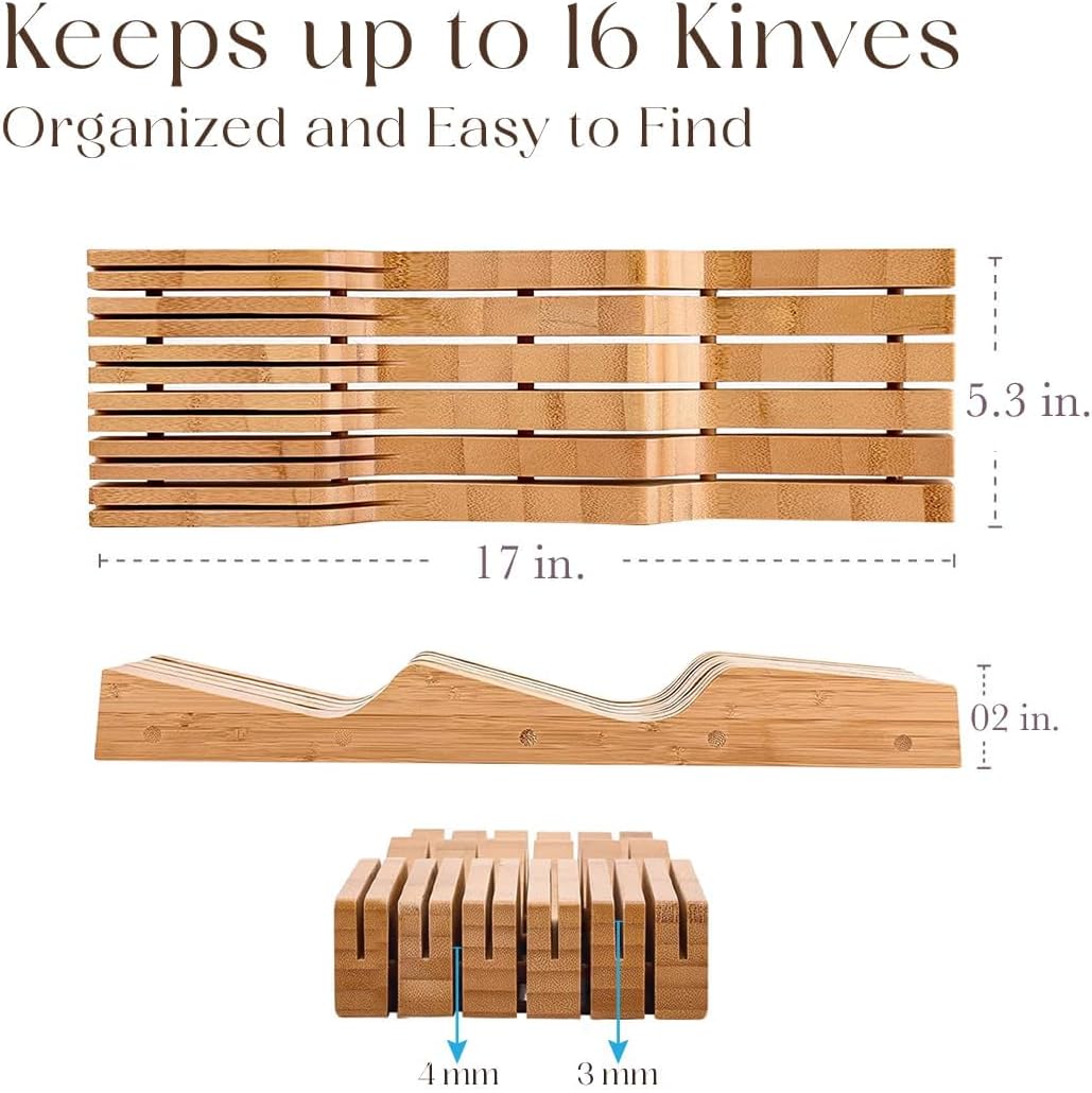 100% Pure Bamboo in Drawer Knife Block | 16 Knife Slots Knife Drawer Organizer | Store Knives Safely with The Blades Down | Storage Solution for Your Kitchen | Knife Organizer Drawer Insert
