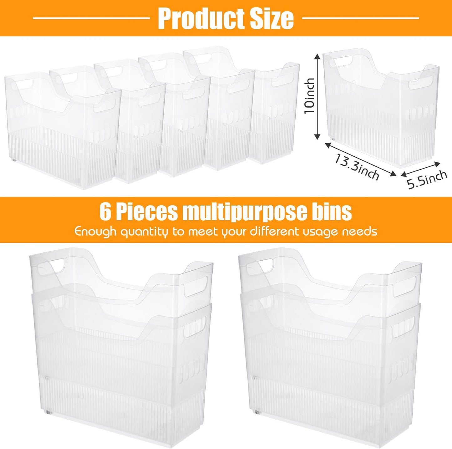 6 Plastic Freezer Organizer Bins with Wheel Set Clear Tall Narrow Kitchen Pantry Organizer Snack Storage Containers for Office Refrigerator(10 x 13.3 x 5.5 Inches)