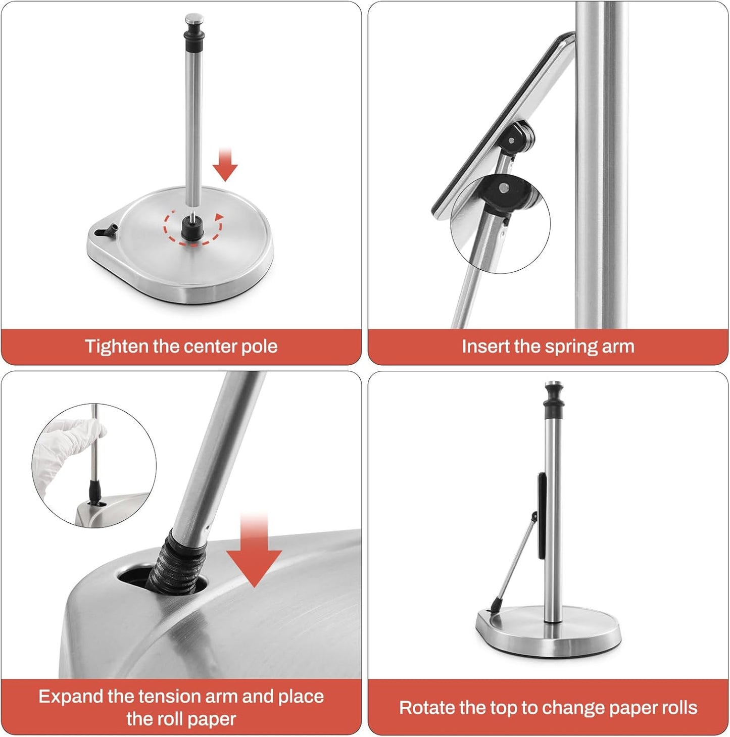 Paper Towel Holder for One Hand Tear - Countertop with Tension Arm & Non Slip Weighted Base