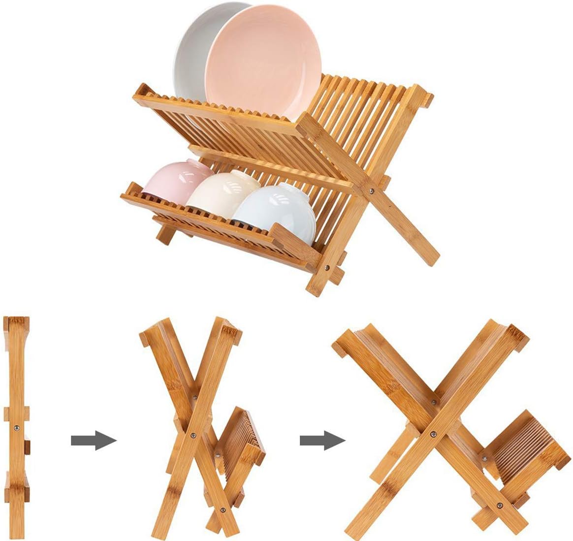 Collapsible Bamboo Dish Drying Rack - Plate Holder Dish Rack Cup Drying Strainer for Dish, Plate