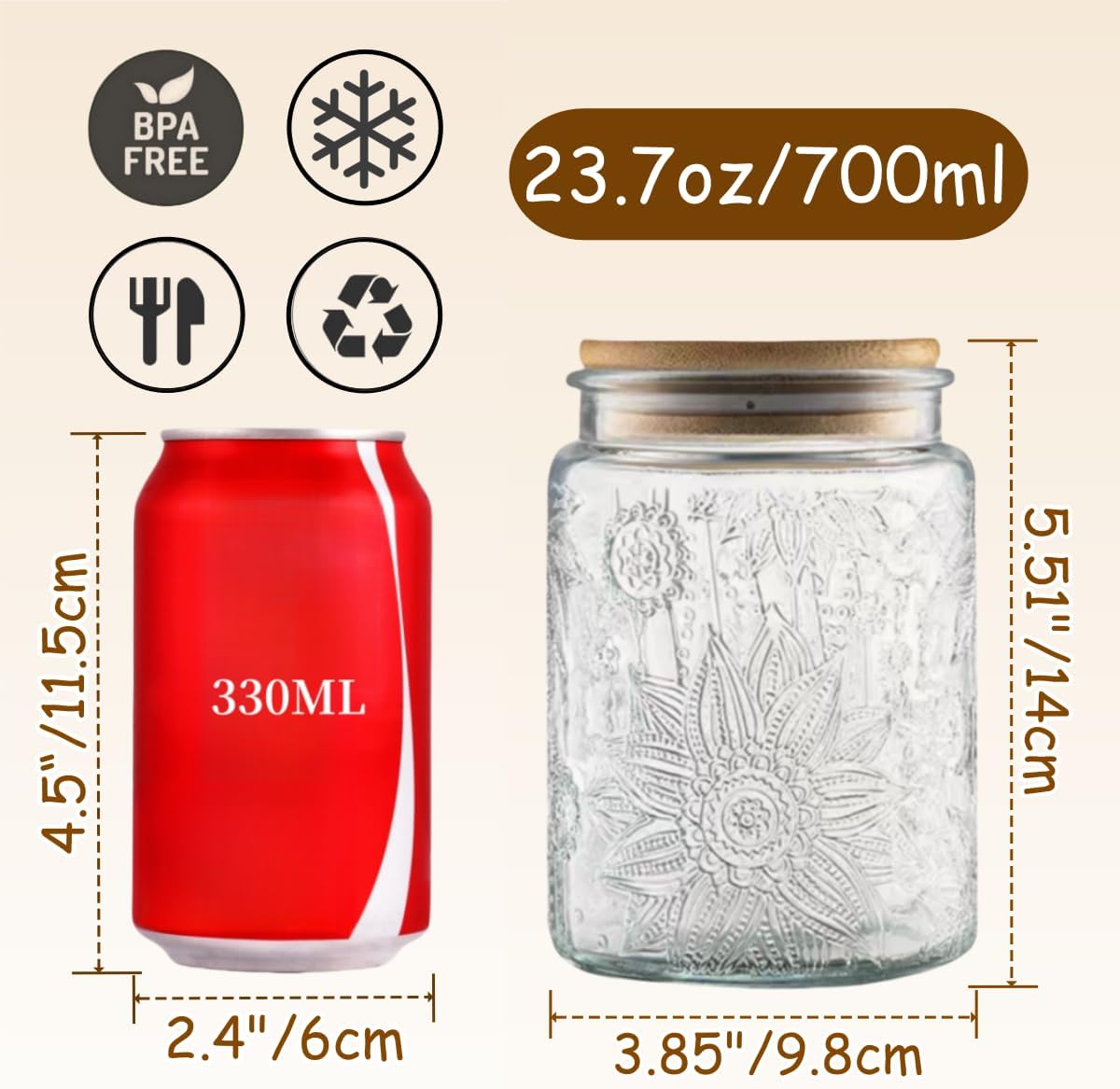 Vintage Glass Jar with Lid, 23.7oz Airtight Glass Food Storage Container for Kitchen Counter