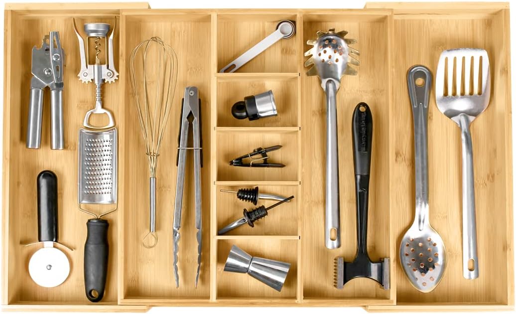 Adjustable Bamboo Kitchen Drawer Organizer for Utensils and Junk, Expandable to 28 inches Wide