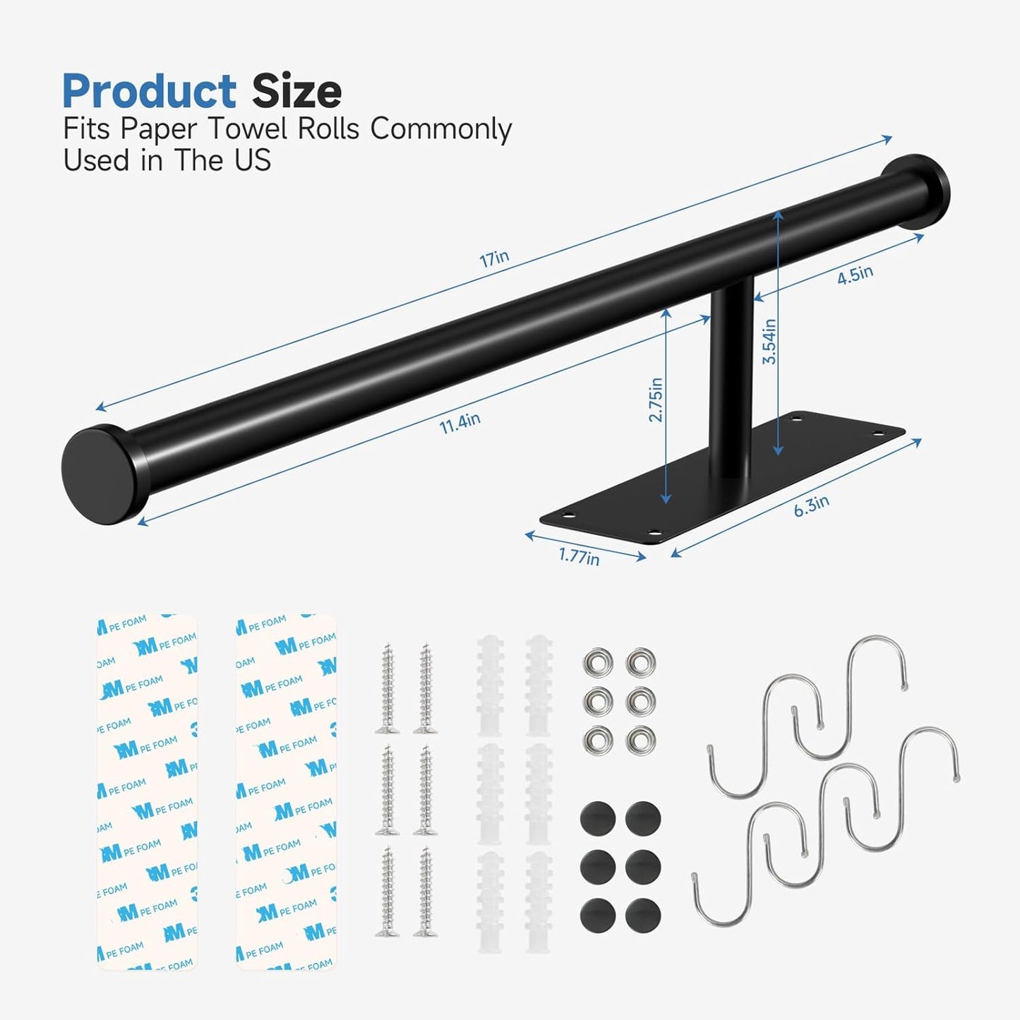 Dual-End Paper Towel Holder Under Cabinet | 4.7in Extended Arm & 5 S-Hooks, Adhesive/Screw Mount