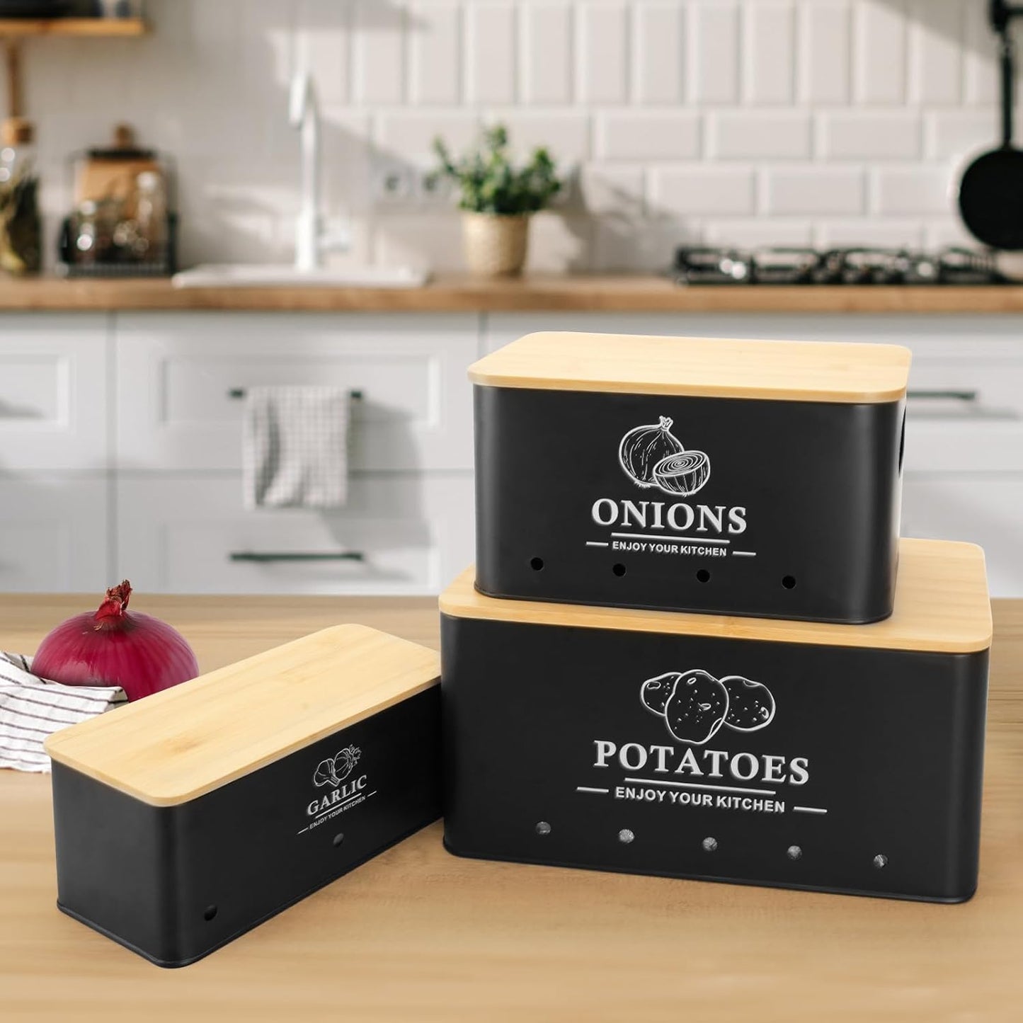 Kitchen Vegetable Storage Set of 3, Metal Onion Garlic Potato Storage Set