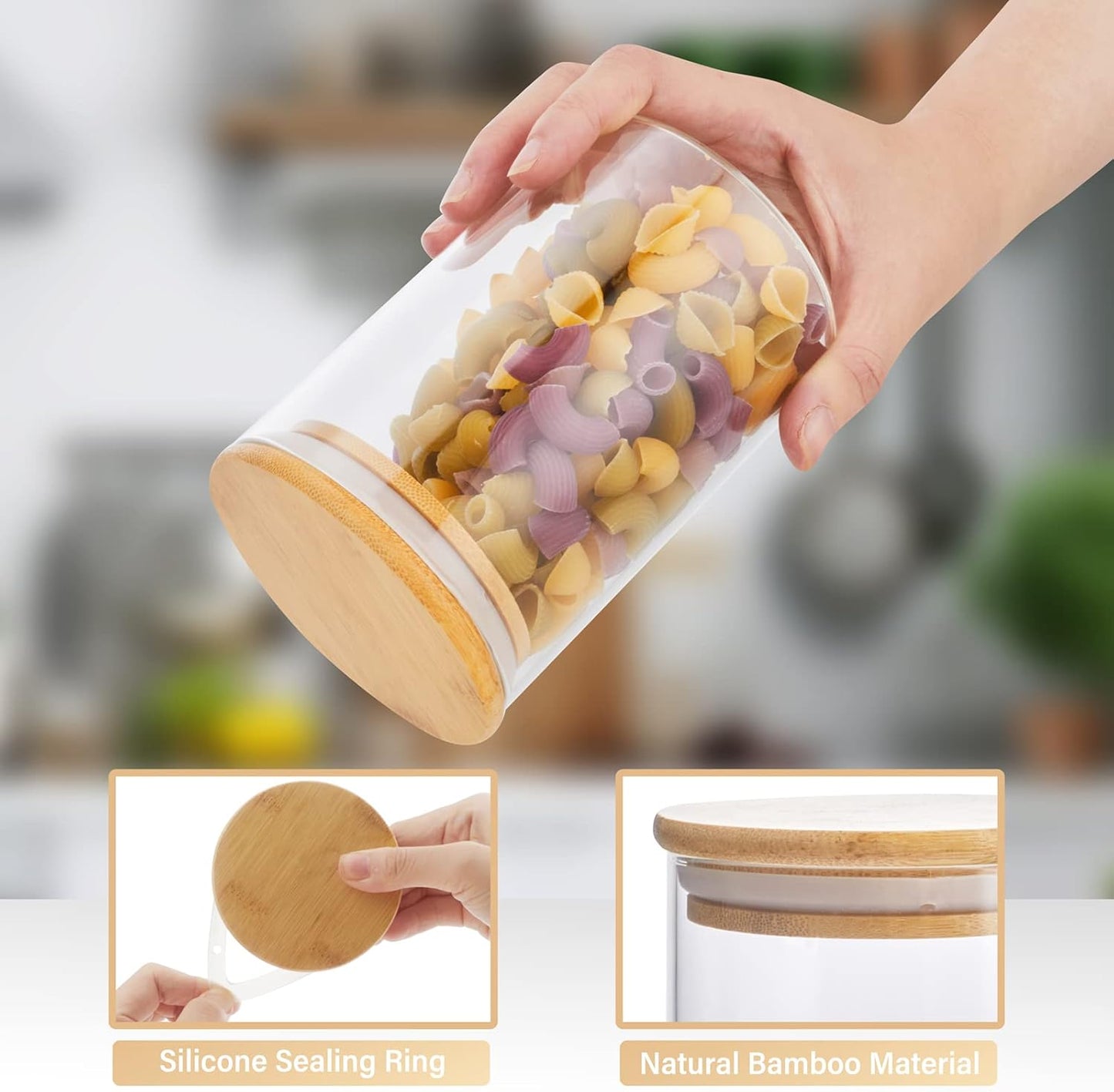 3 Pack Glass Containers Jars with Bamboo Airtight Lid and Spoon, 15Oz Glass Food Storage Canisters