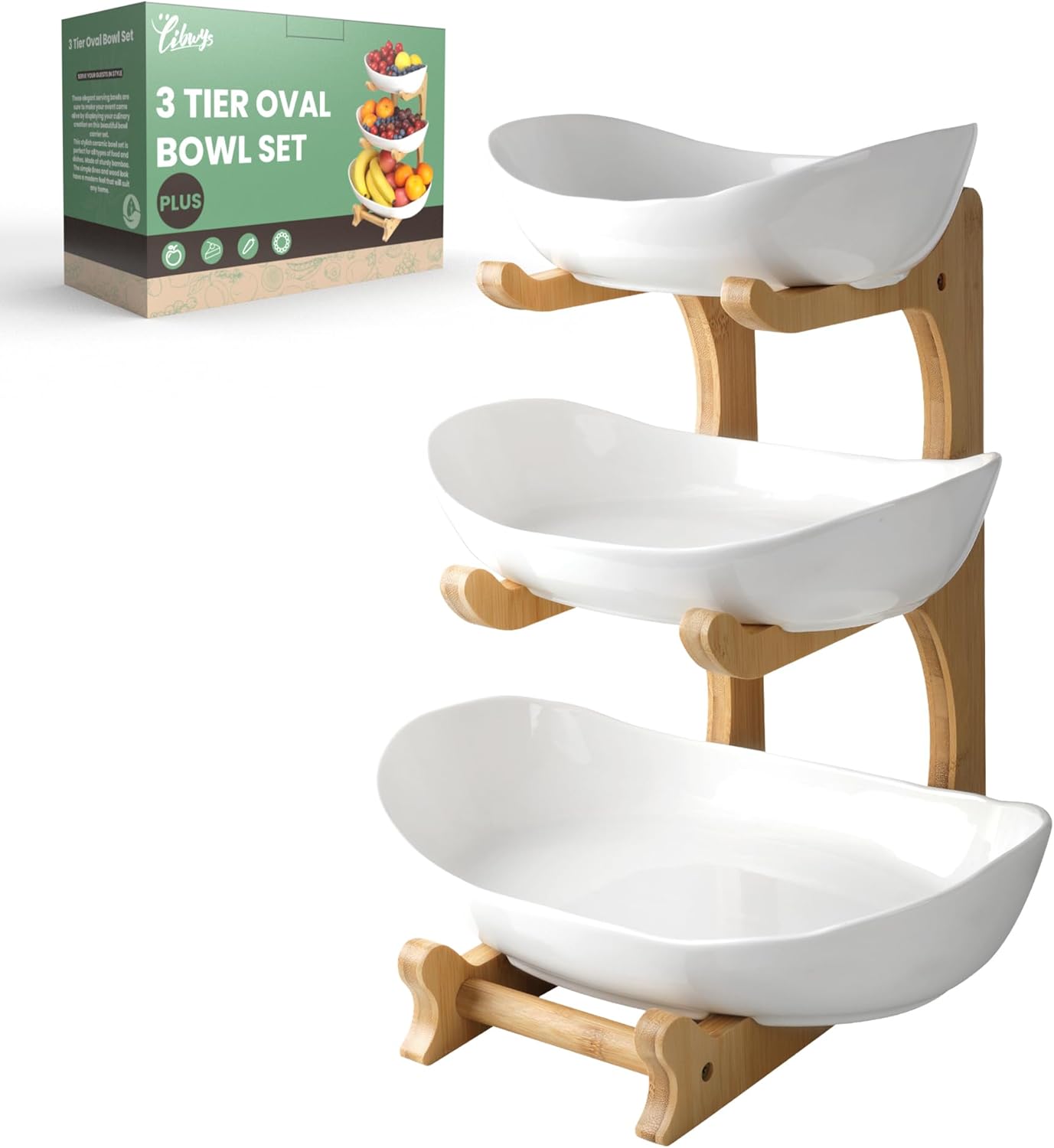3 Tier Fruit Bowl for Kitchen Counter (PLUS Series) / Ceramic Serving Bowls with Bamboo Stand/Big Size Tiered Fruit Basket for Fruit Vegetable Storage, Dessert, Salad Buffet Server