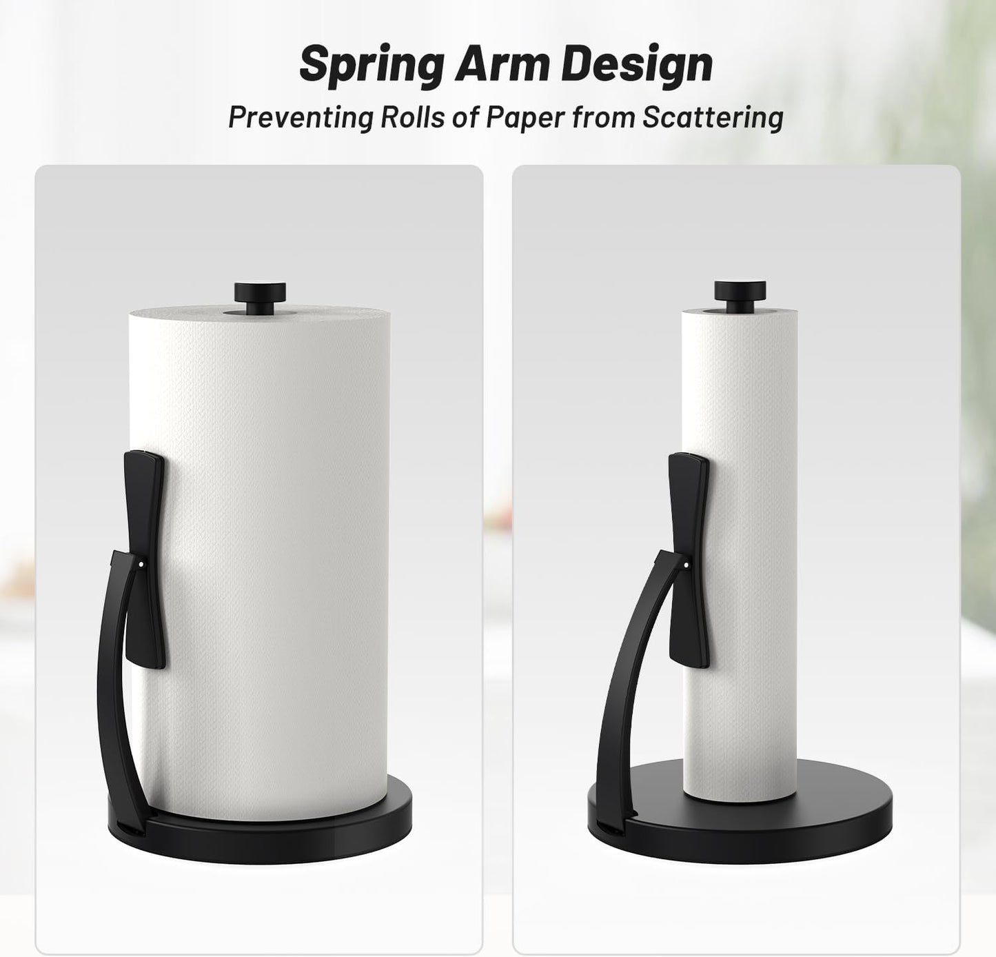 Paper Towel Holder Countertop, Black Paper Towel Holder with Spring Activated Arm and Damping Effect, Simply Tear Paper Towel Stand for Bathroom and Kitchen (Black)