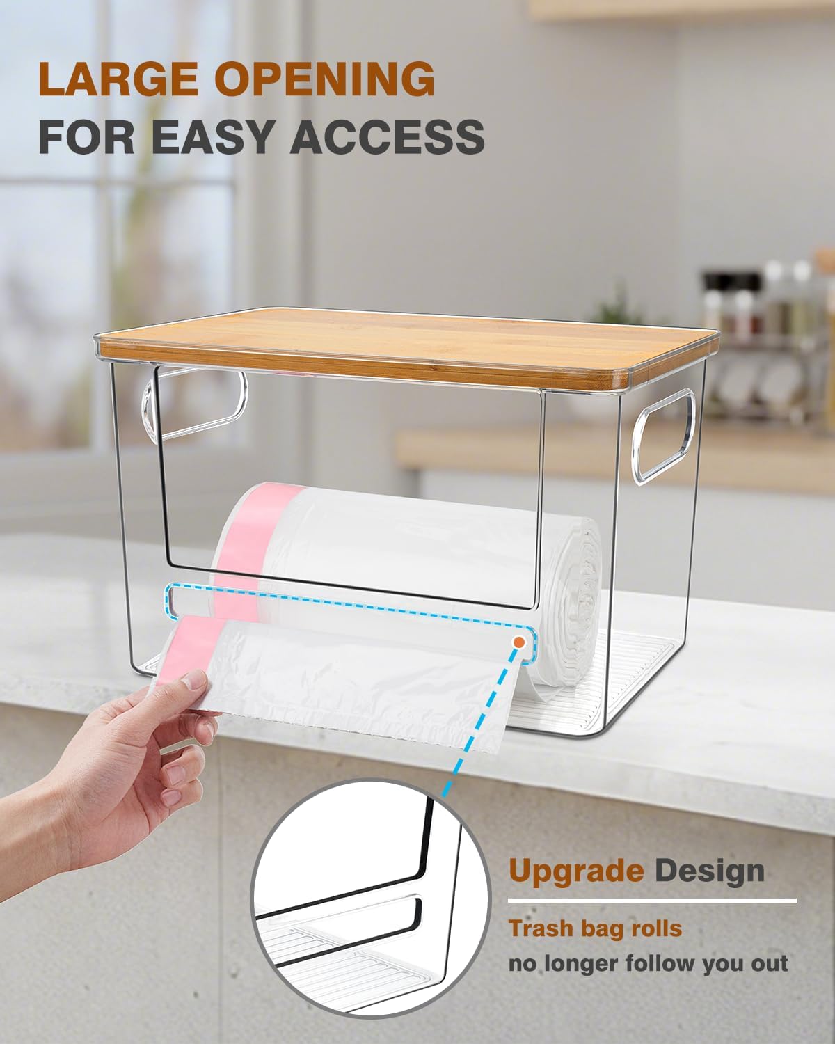Trash Bag Dispenser 2 Pack, Stackable Acrylic Garbage Bags Dispenser with Bamboo Lid