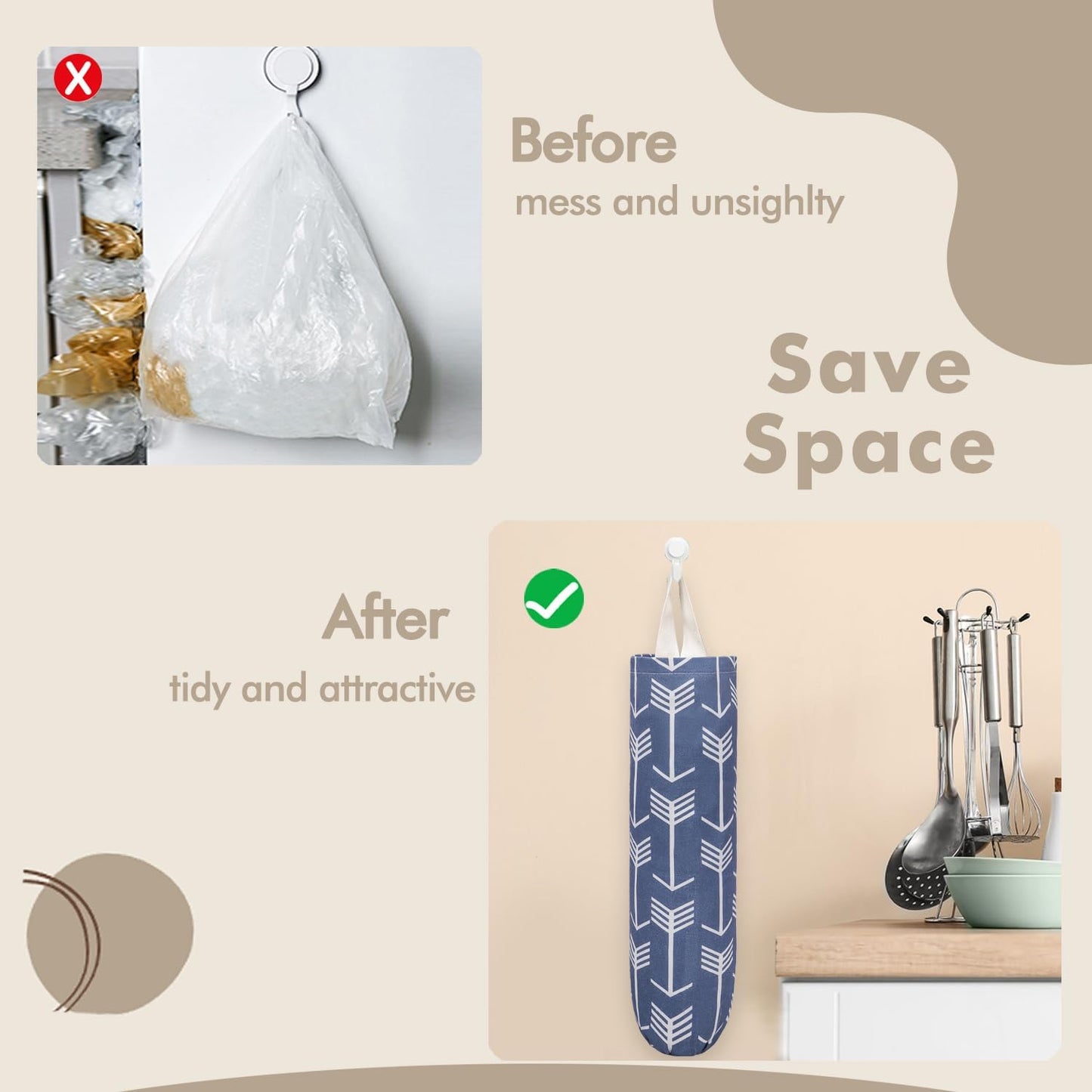 Plastic Bag Holder, Washable Grocery Wall Mount Organizer, Large Trash Storage Dispenser